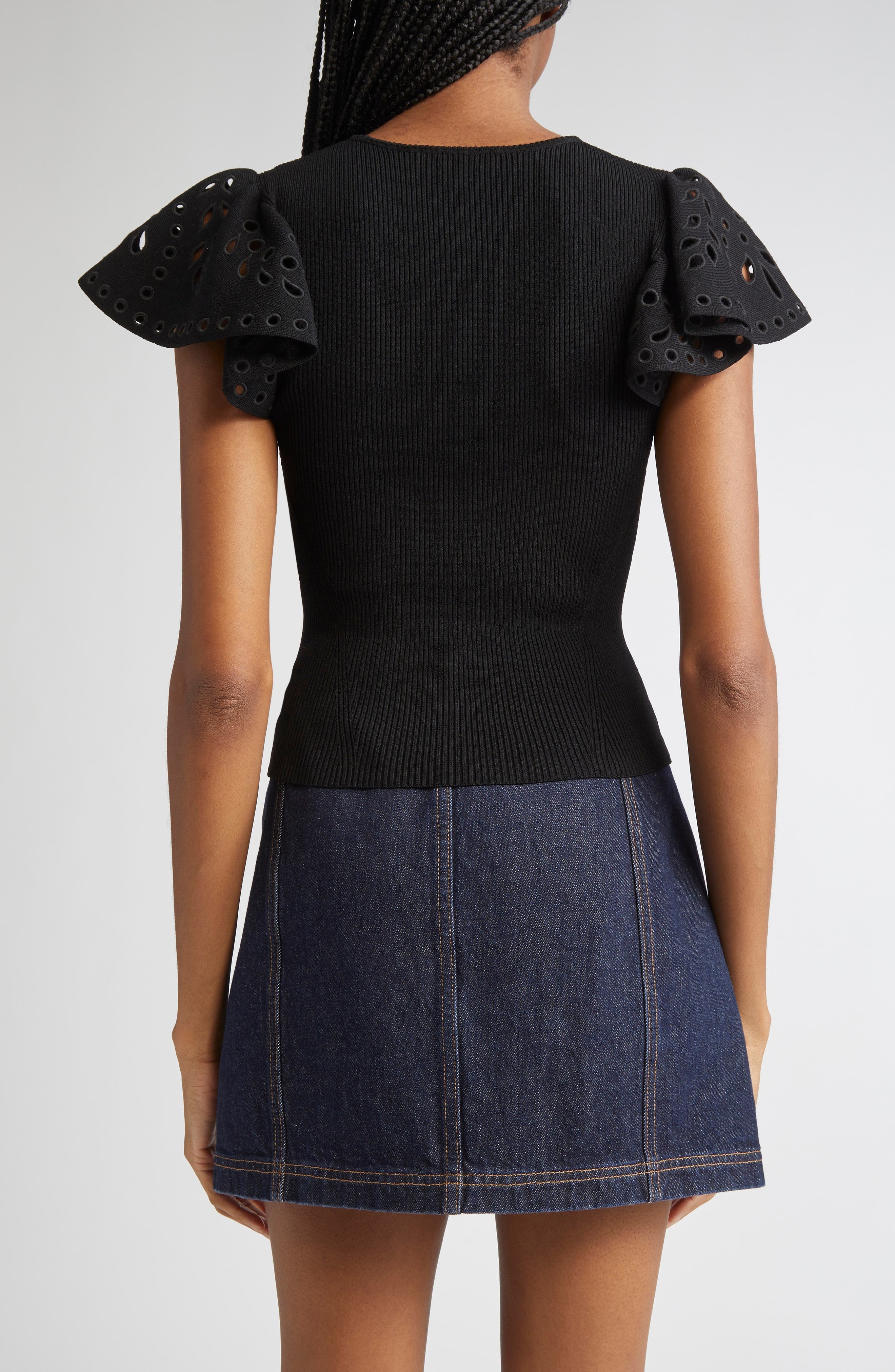 Ulla Johnson Edith Mixed Media Ruffle Sleeve Top in Noir at Nordstrom - 3