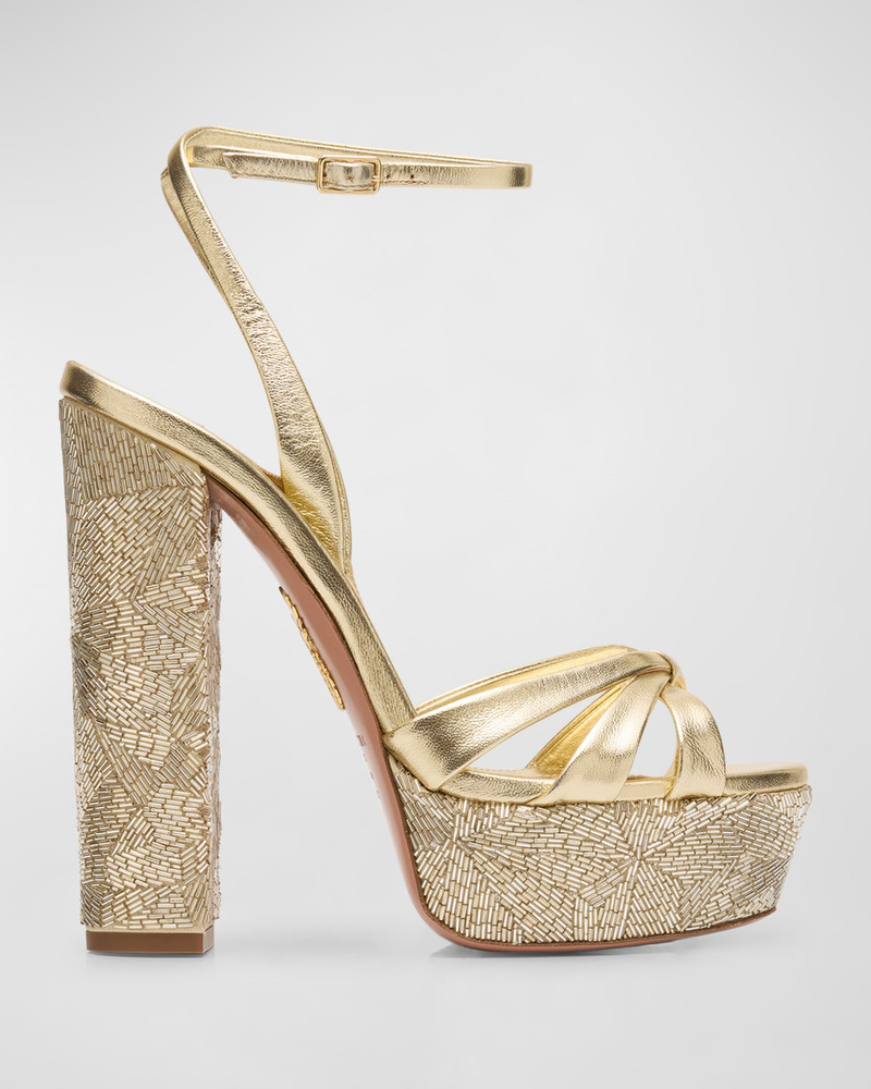 Beaded Metallic Leather Platform Sandals - 1