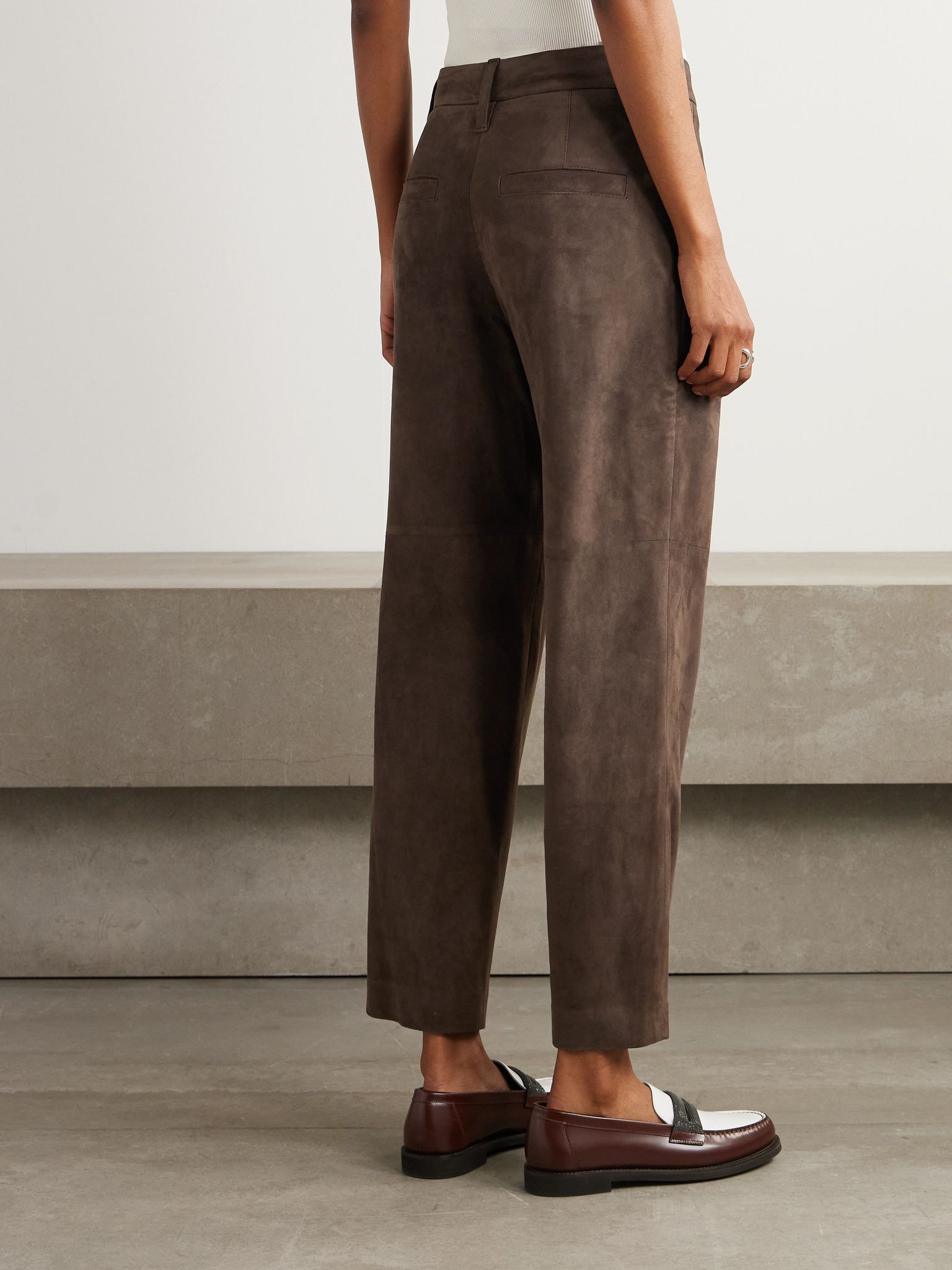 Pleated suede tapered pants Brown - 4