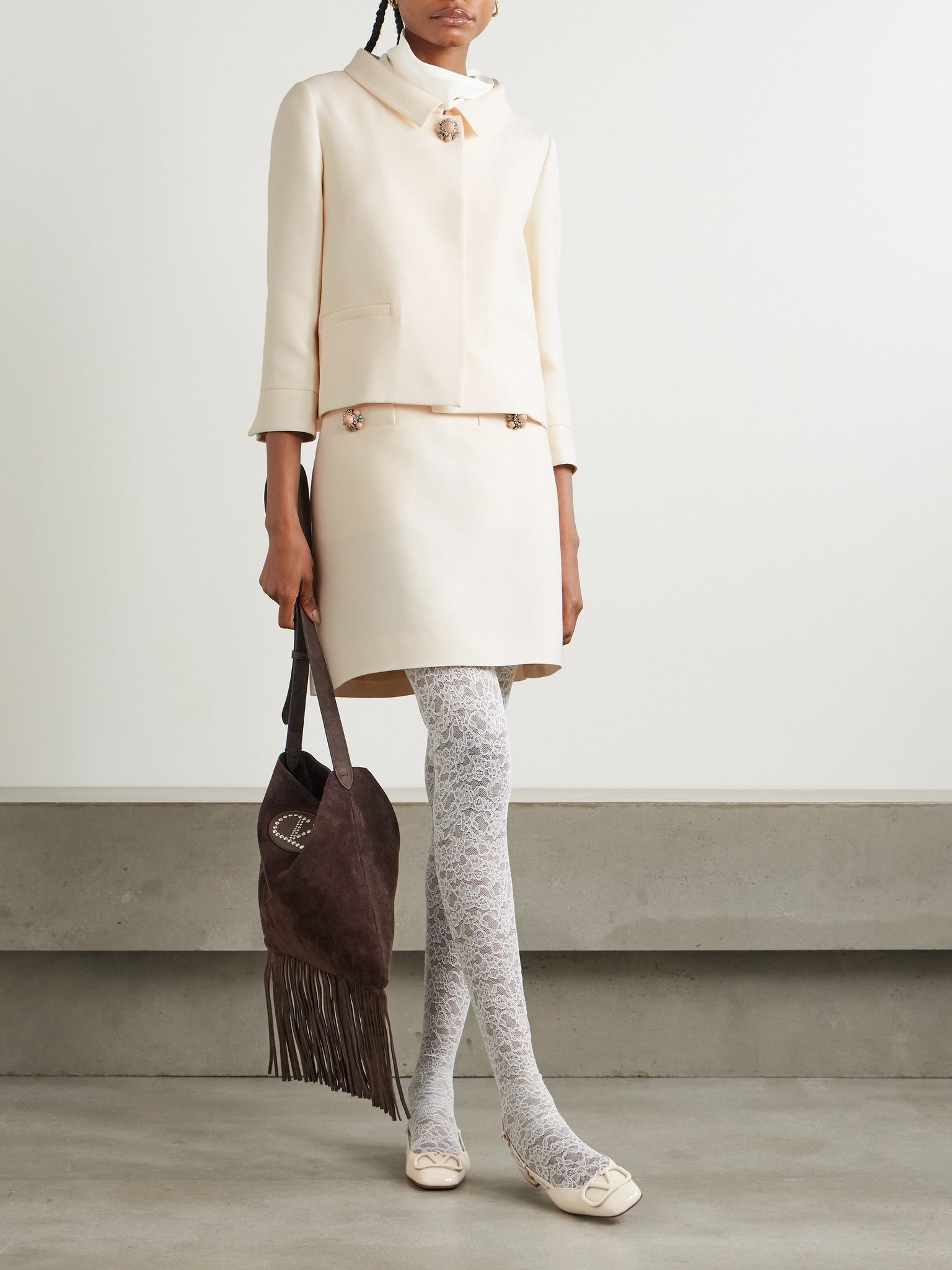 Cropped embellished wool and silk-blend crepe jacket Ivory - 2