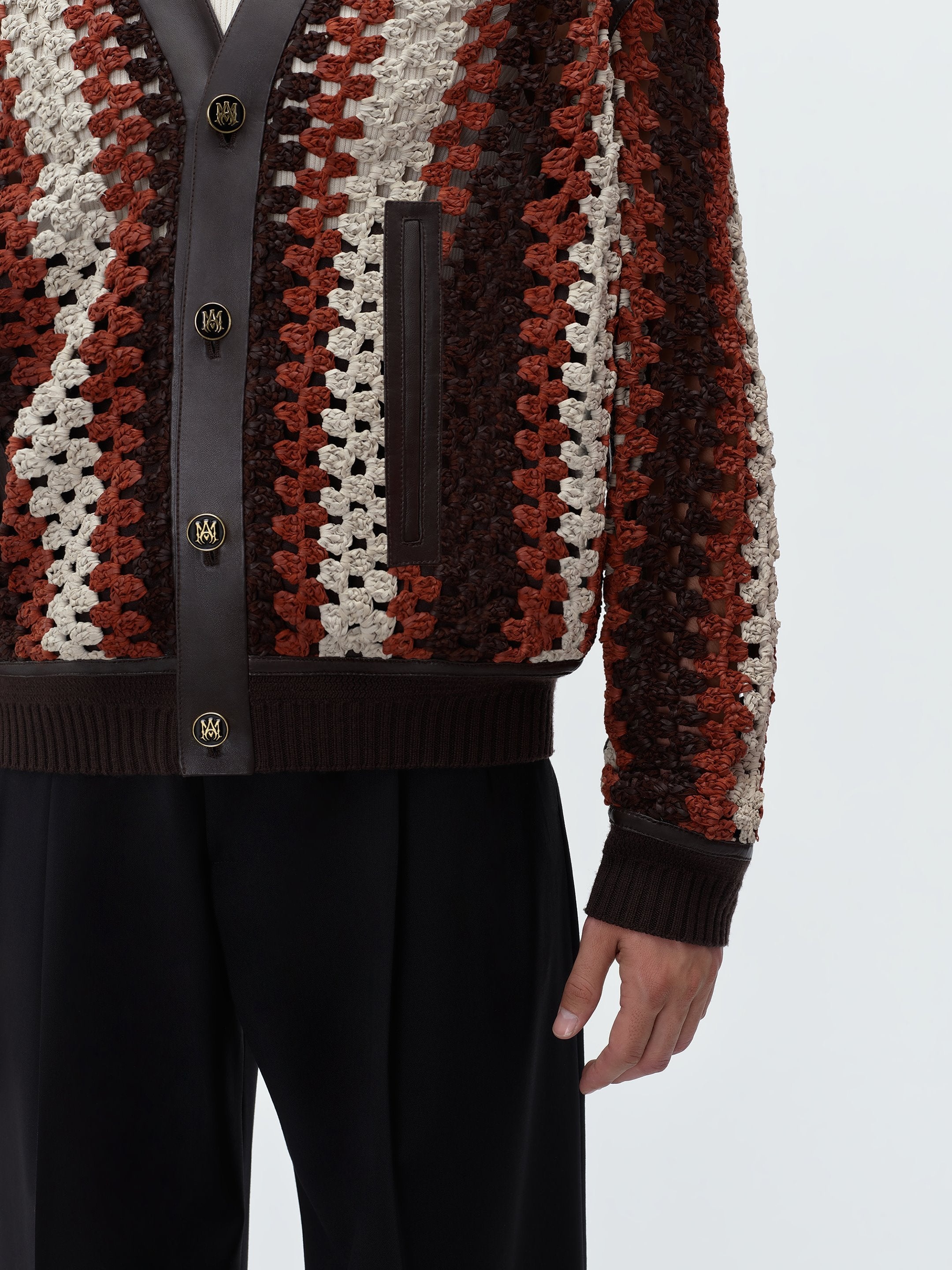 CROCHET KNIT LEATHER CARDIGAN - 7