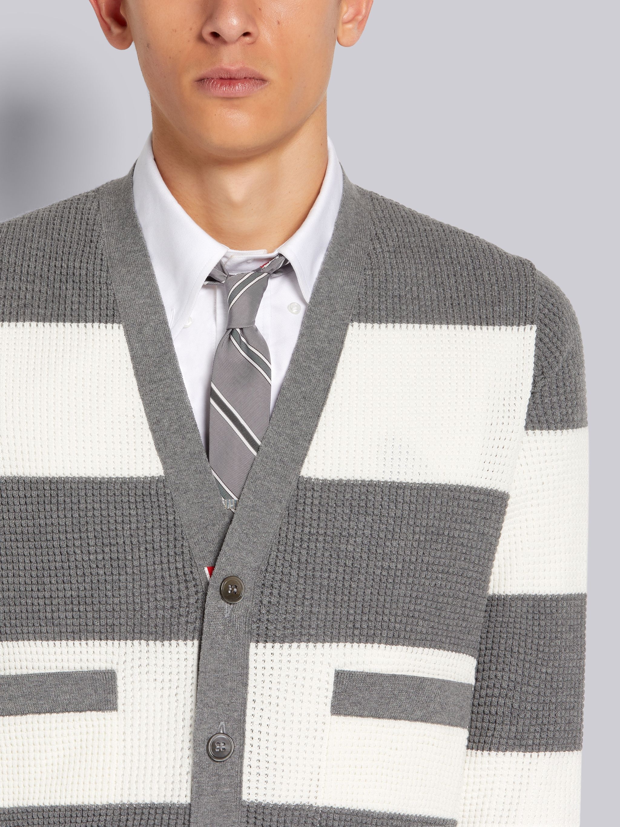 Light Grey Cotton Textured Rugby Stripe Classic Fit Cardigan - 5