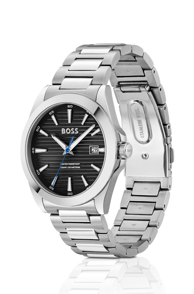 BOSS SILVER-TONE WATCH WITH BLACK GROOVED DIAL outlook