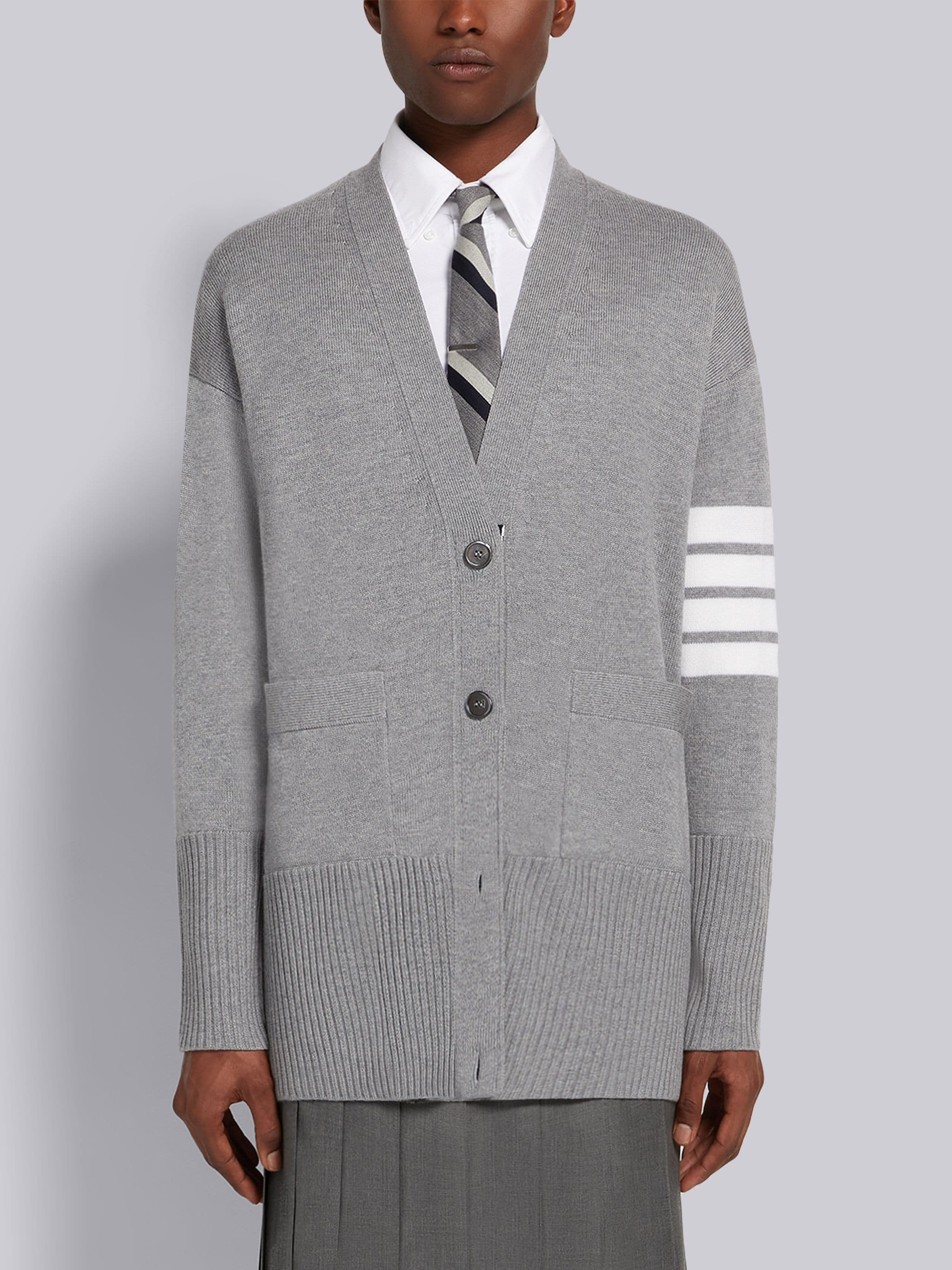 Light Grey Fine Merino Wool 4-Bar Elongated Cardigan - 1