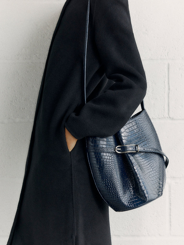 BELTED BUCKET BAG NAVY CROC - 4