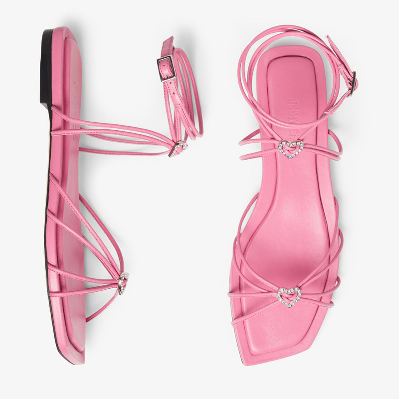 Indiya Flat Candy Pink Nappa Leather Flat Sandals with Crystal Hearts 5