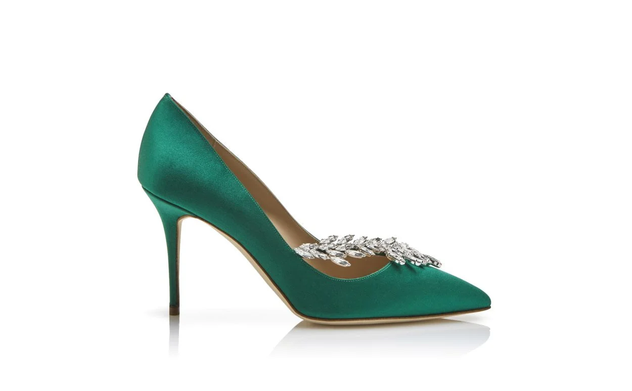 Green Satin Jewel Buckle Pumps - 1