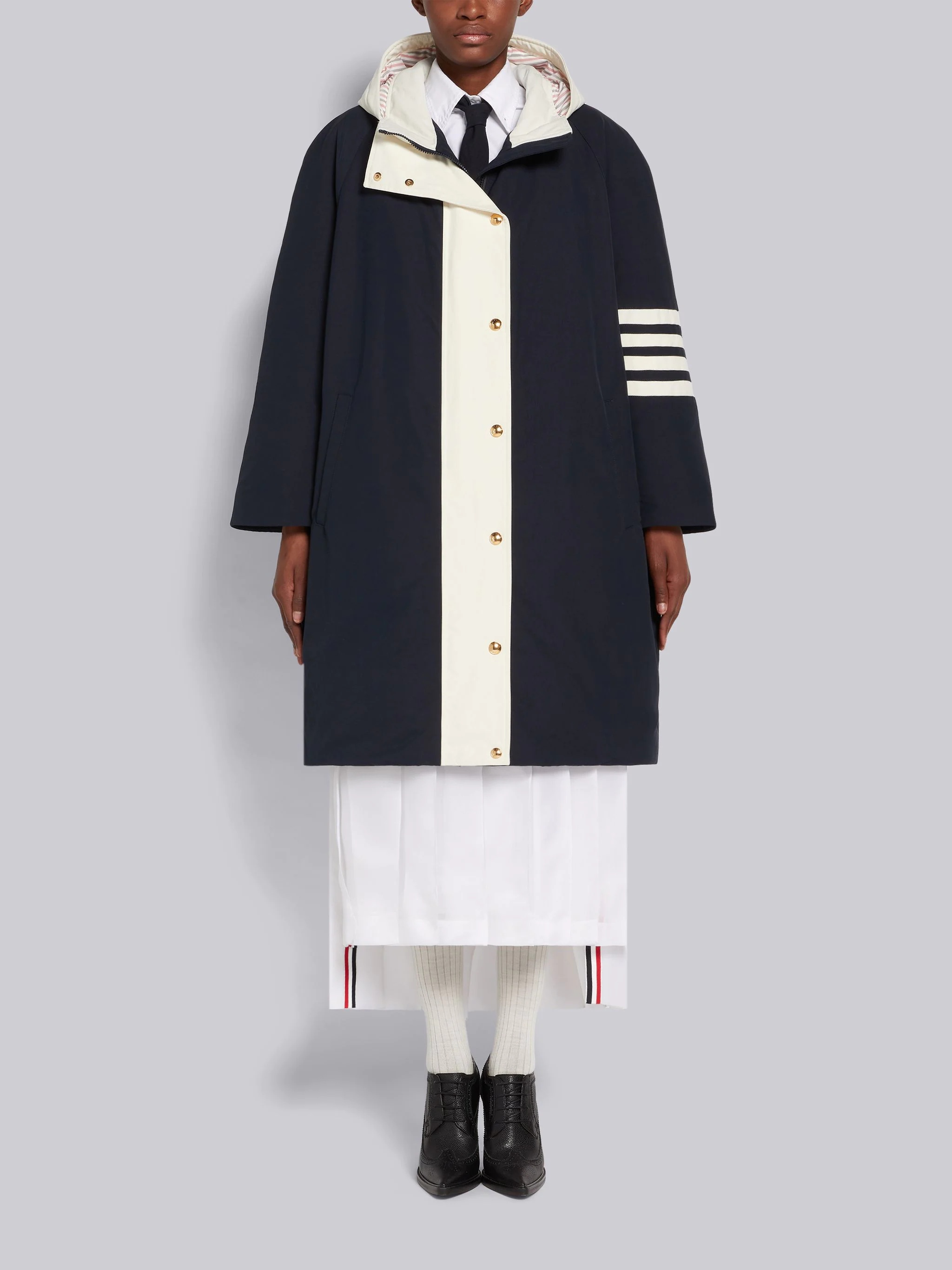 Navy Nylon Canvas Contrast 4-Bar Down-Filled Hooded Football Parka - 1