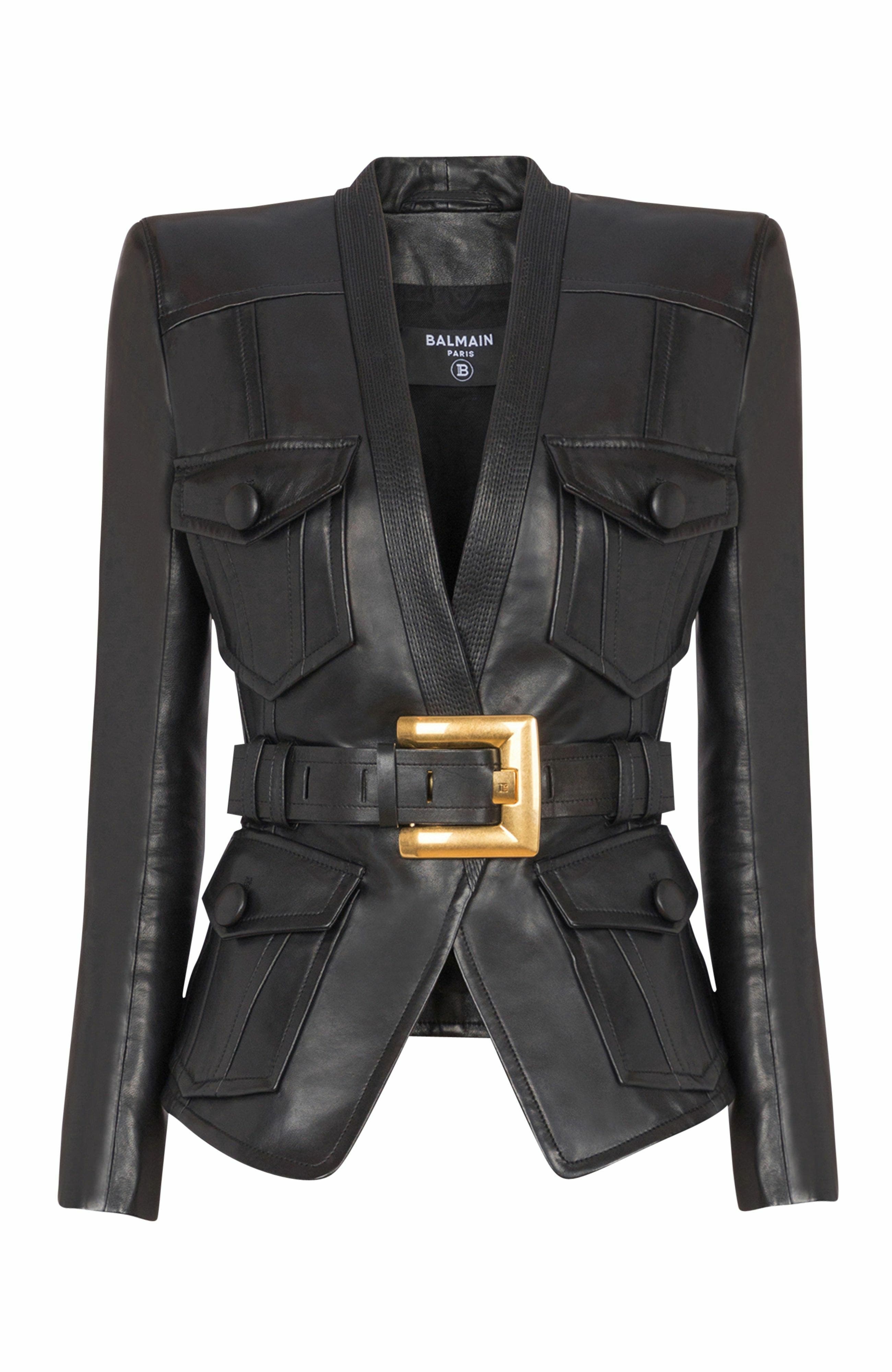 Balmain 1-button belted leather jacket in Black at Nordstrom - 5