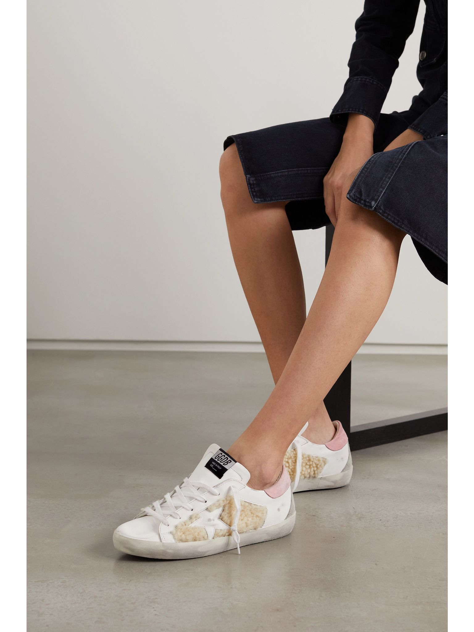 Superstar shearling-trimmed distressed leather and suede sneakers White - 2