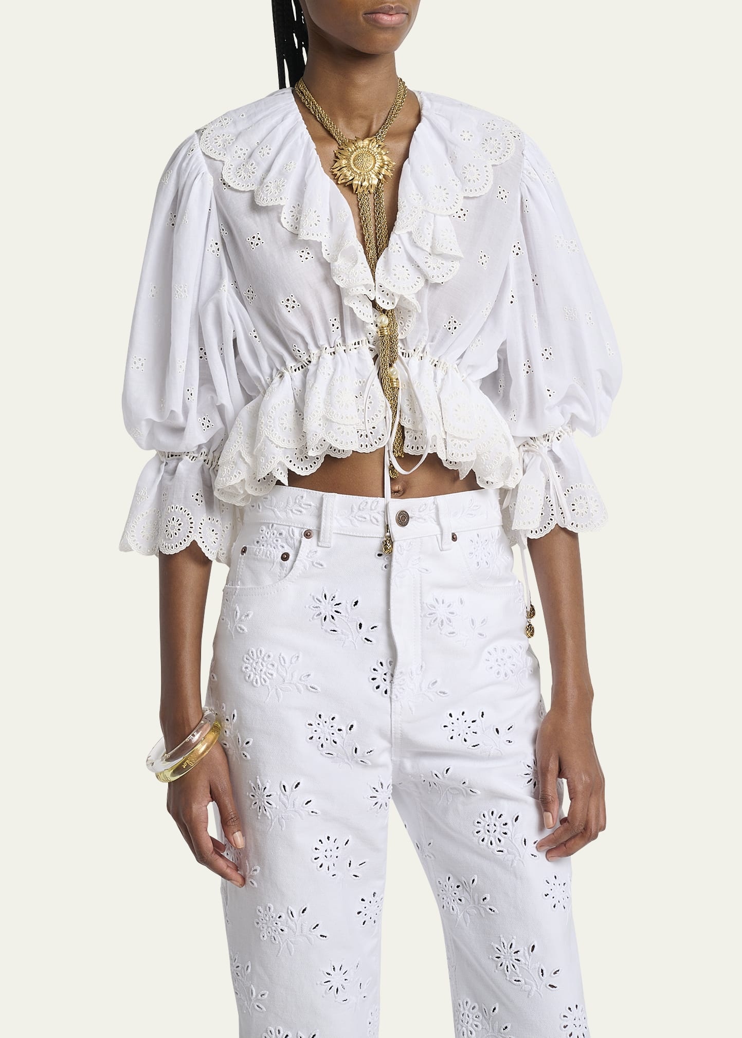 Eyelet Cotton Ruffle Crop Peasant Blouse - 4