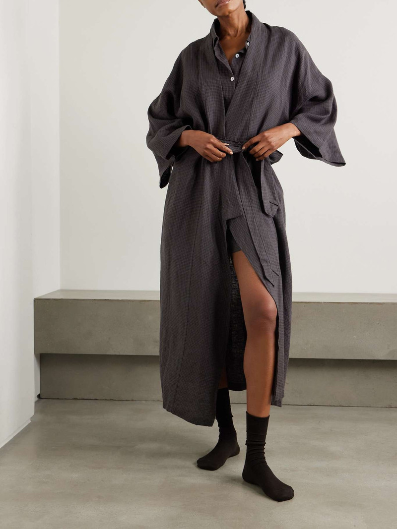 DEIJI STUDIOS 02 belted checked linen robe Dark gray outlook