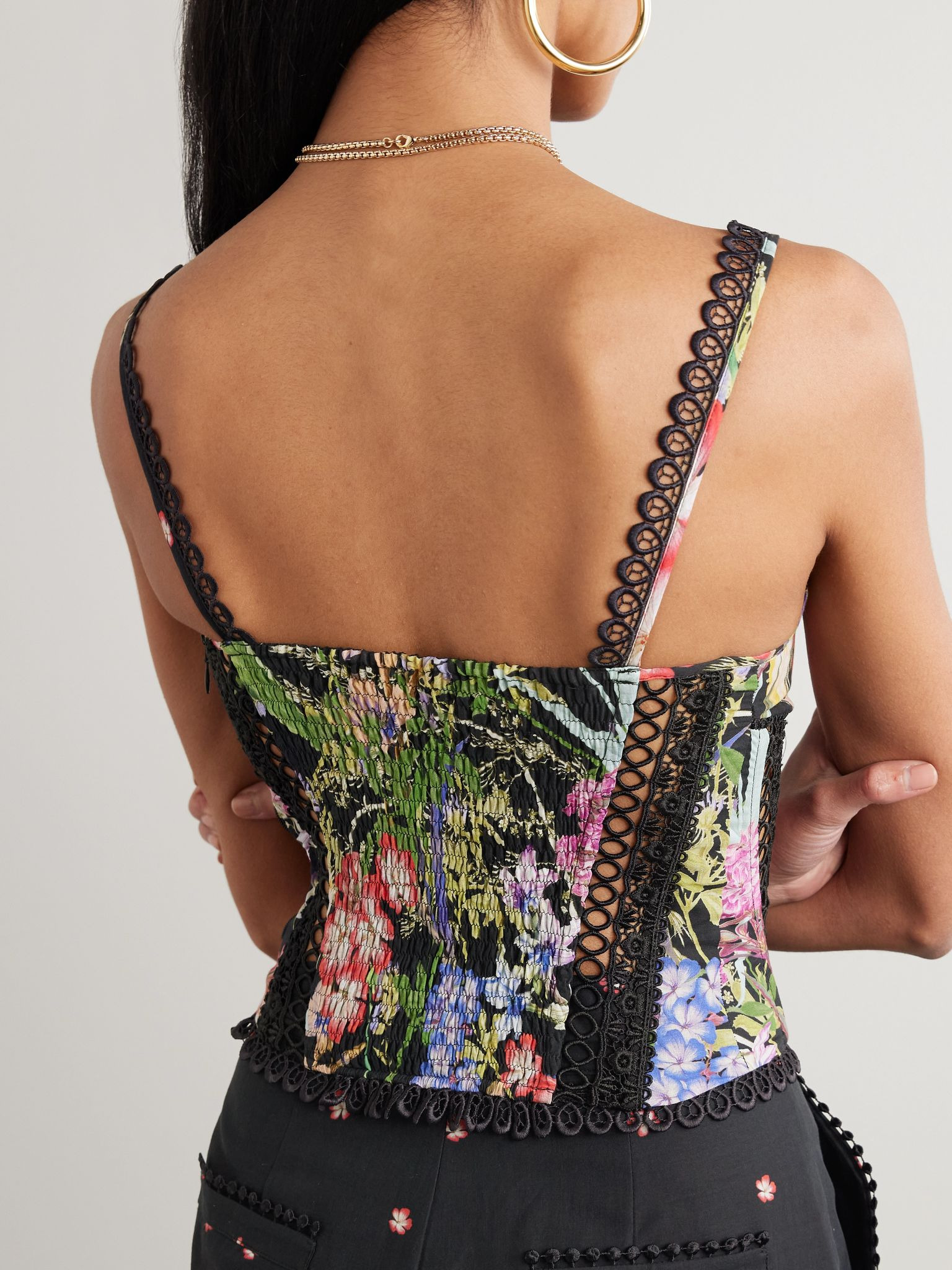 Poppy guipure lace-trimmed floral-print cotton-blend voile bustier top Black - 3