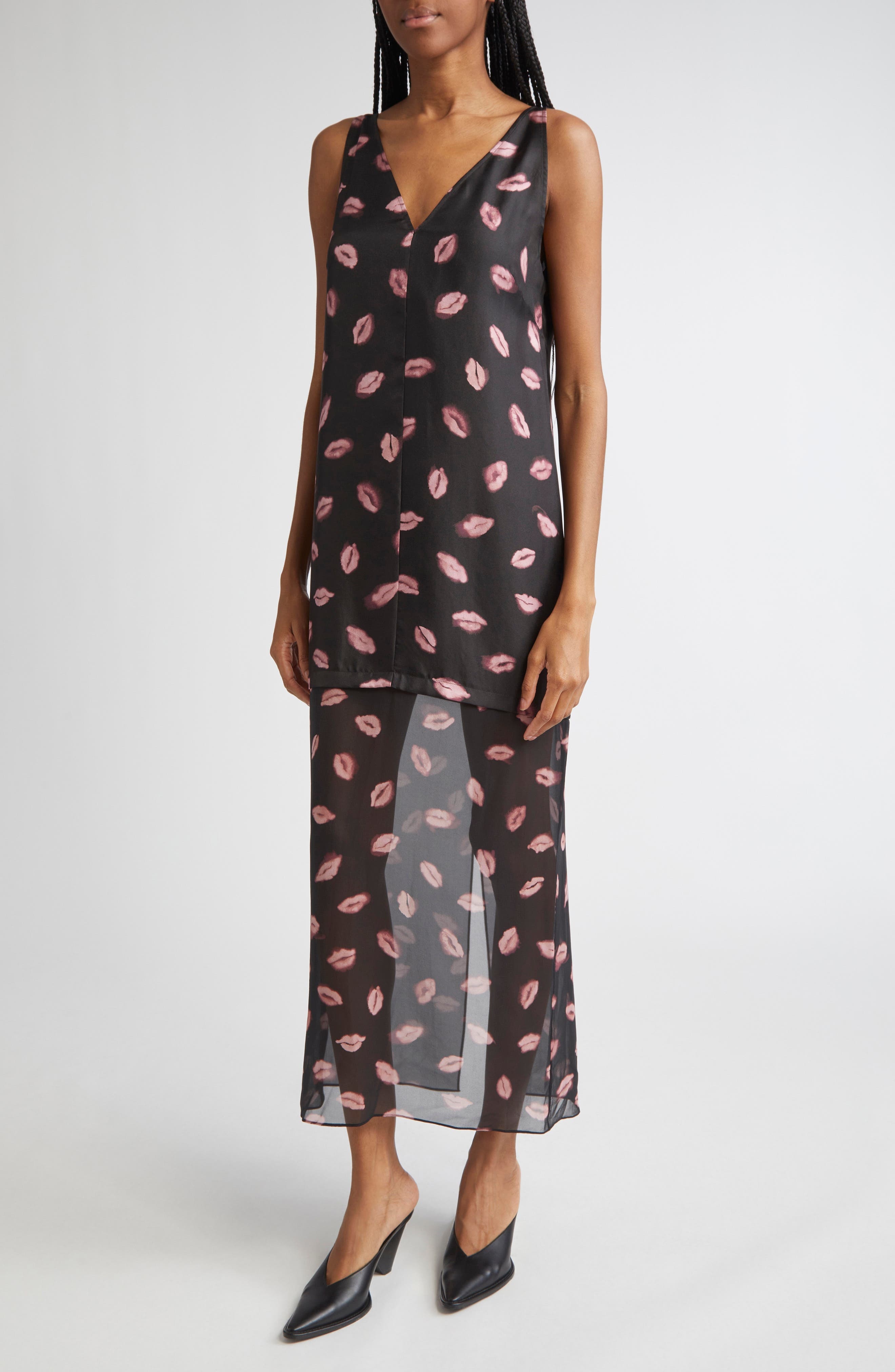 Altuzarra Katrin Lip Print Silk Chiffon Dress in Black Kisses at Nordstrom - 4
