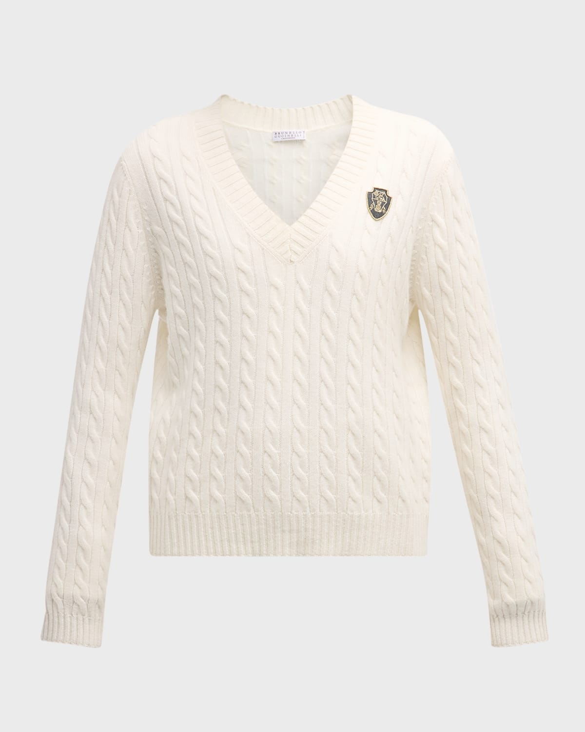 Cashmere Cable-Knit Sweater with Crest Embroidery - 1