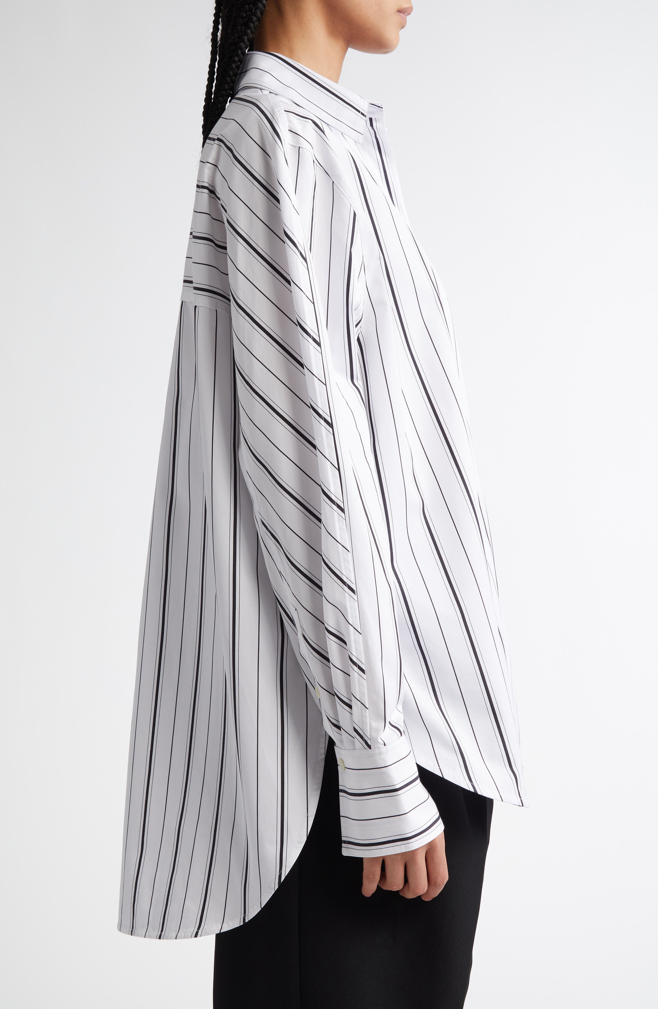 TOTEME Oversize Stripe Organic Cotton Poplin Button-Up Shirt in White/Black at Nordstrom - 4