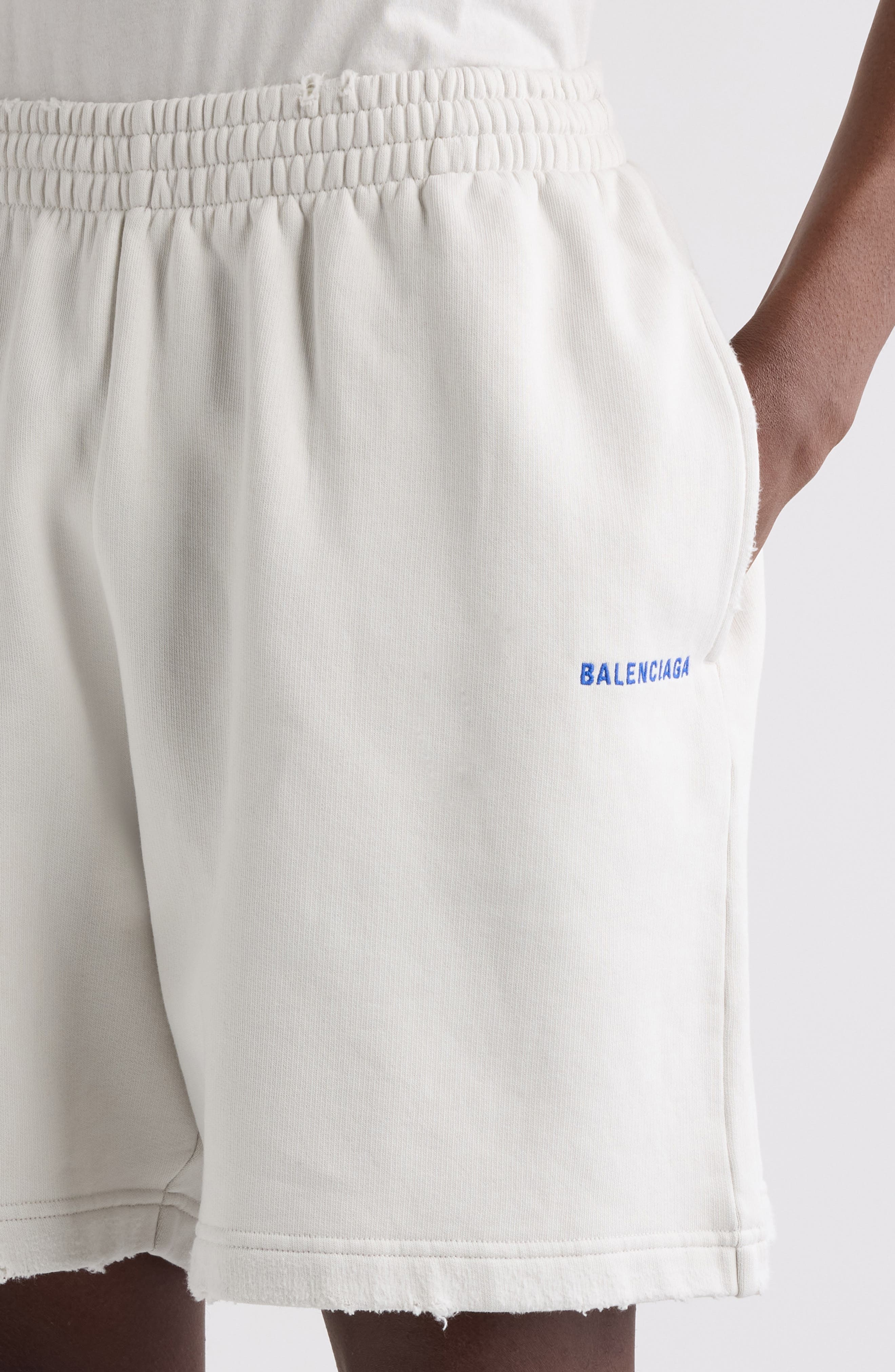 Balenciaga Distressed Logo Embroidered Sweat Shorts in 8016 Dirty Wht/Sport Blue at Nordstrom - 4