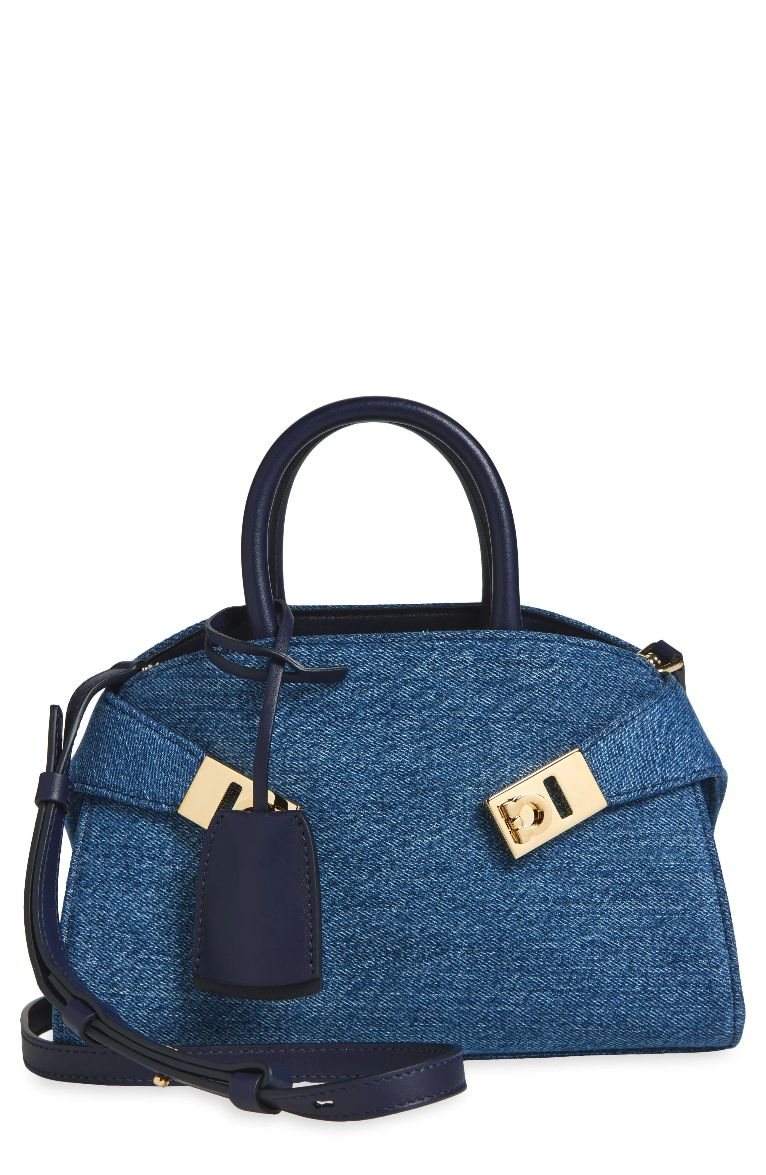 FERRAGAMO Mini Hug Denim Top Handle Bag in Denim/Midnight at Nordstrom - 1
