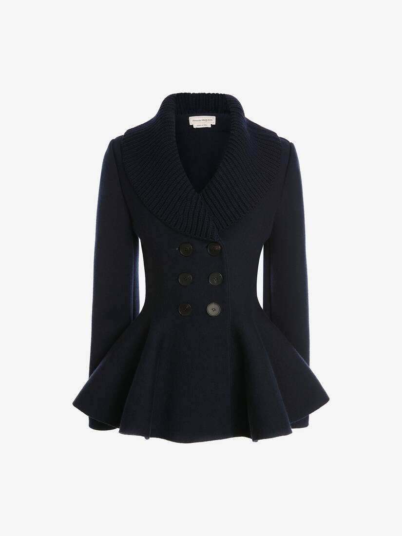 Double-breasted Peplum Knit Jacket in Navy - 1