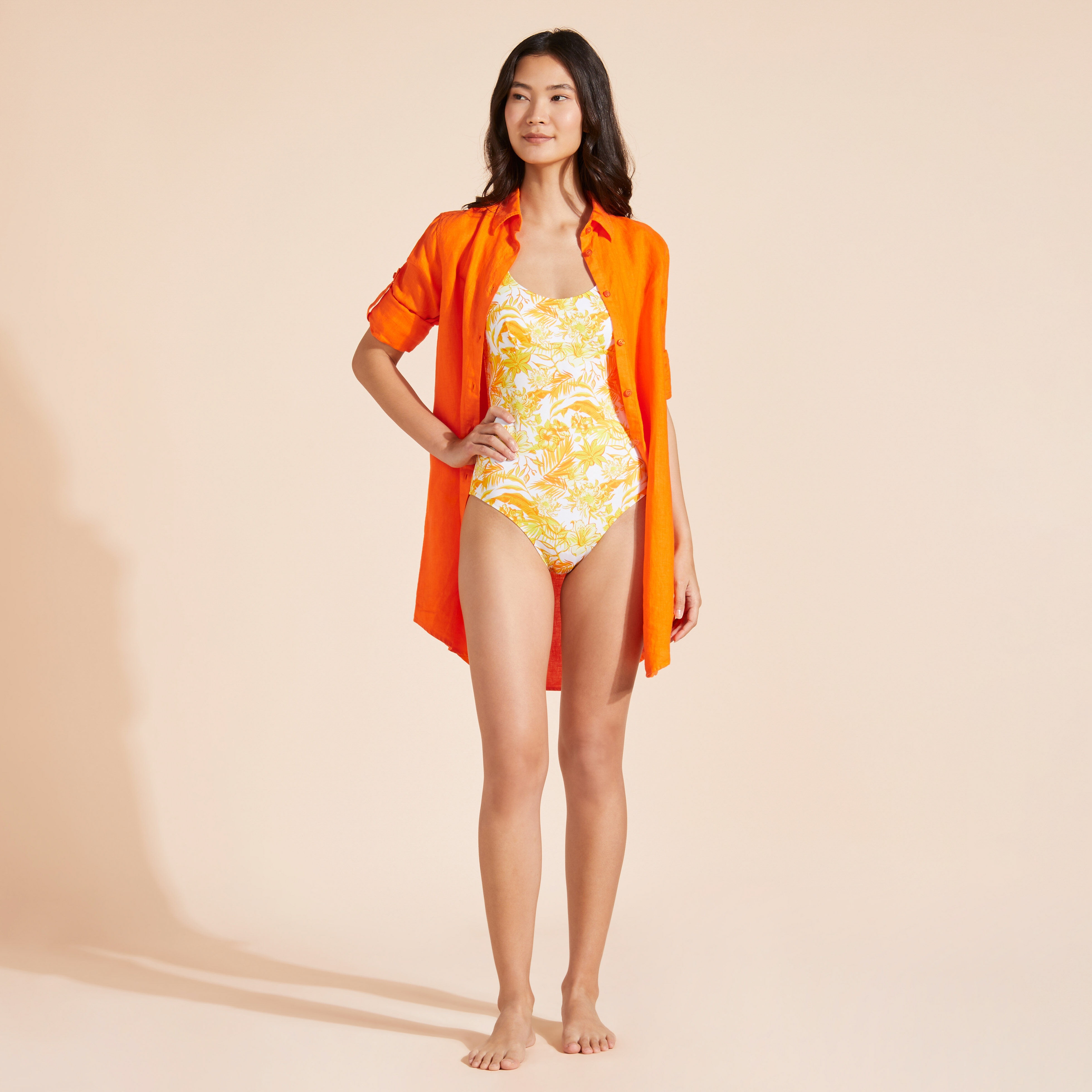 Women Round Neckline One-piece Swimsuit Tahiti Flowers - 5