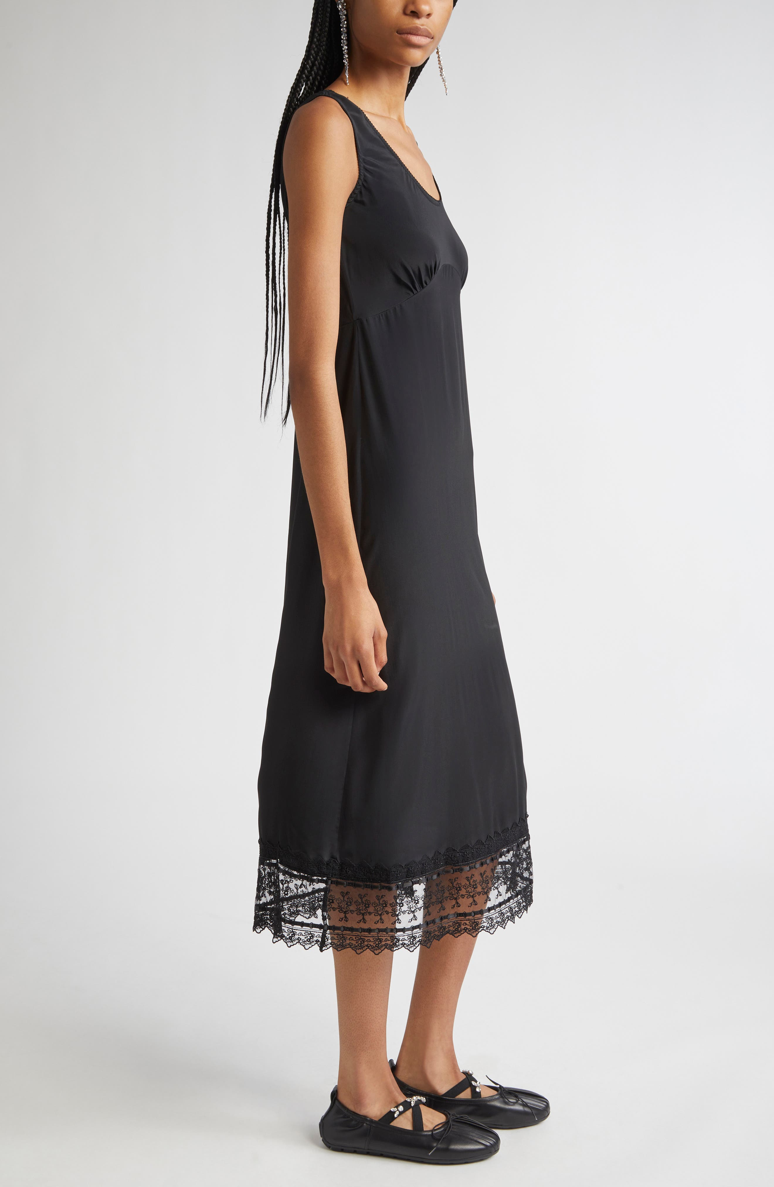 Simone Rocha Scoop Neck Lace Trim Midi Dress in Black at Nordstrom - 3