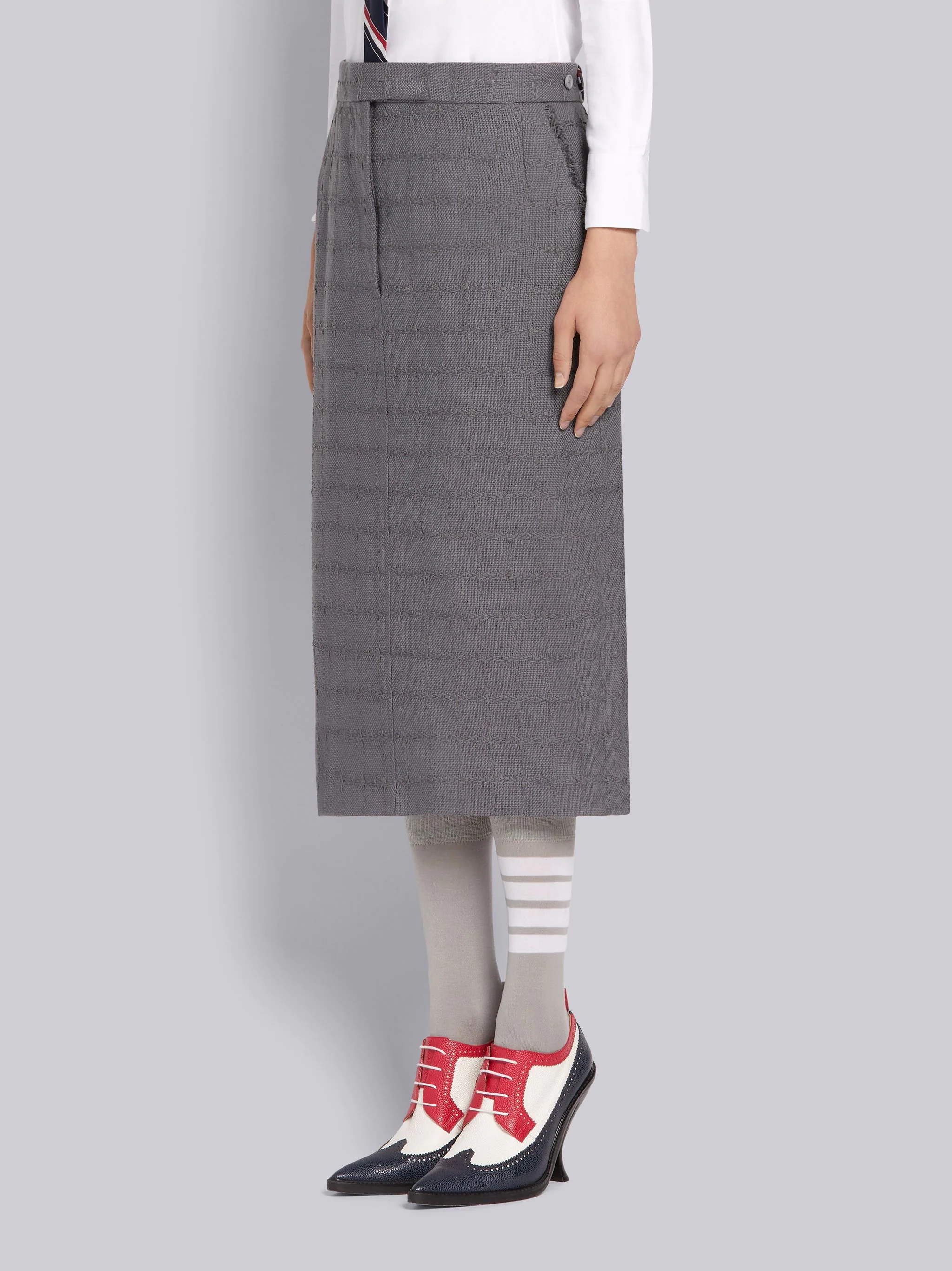 Medium Grey Windowpane Summer Tweed Frayed Sack Skirt - 2