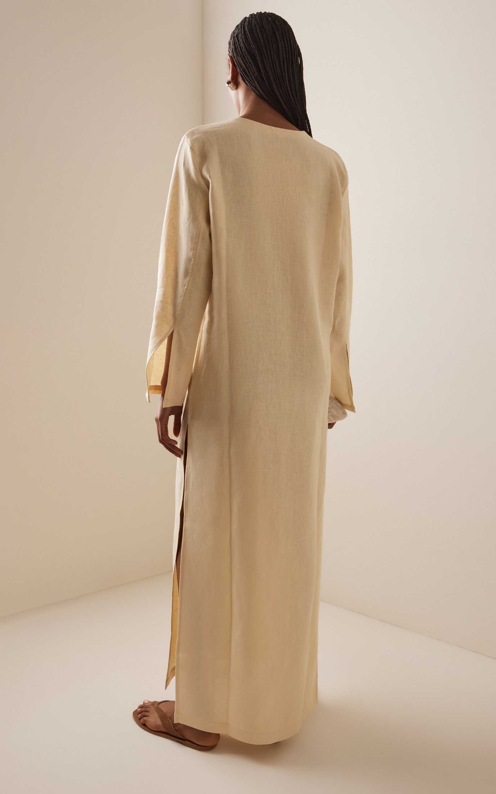 Pearl-Embellished Linen Maxi Dress yellow - 4