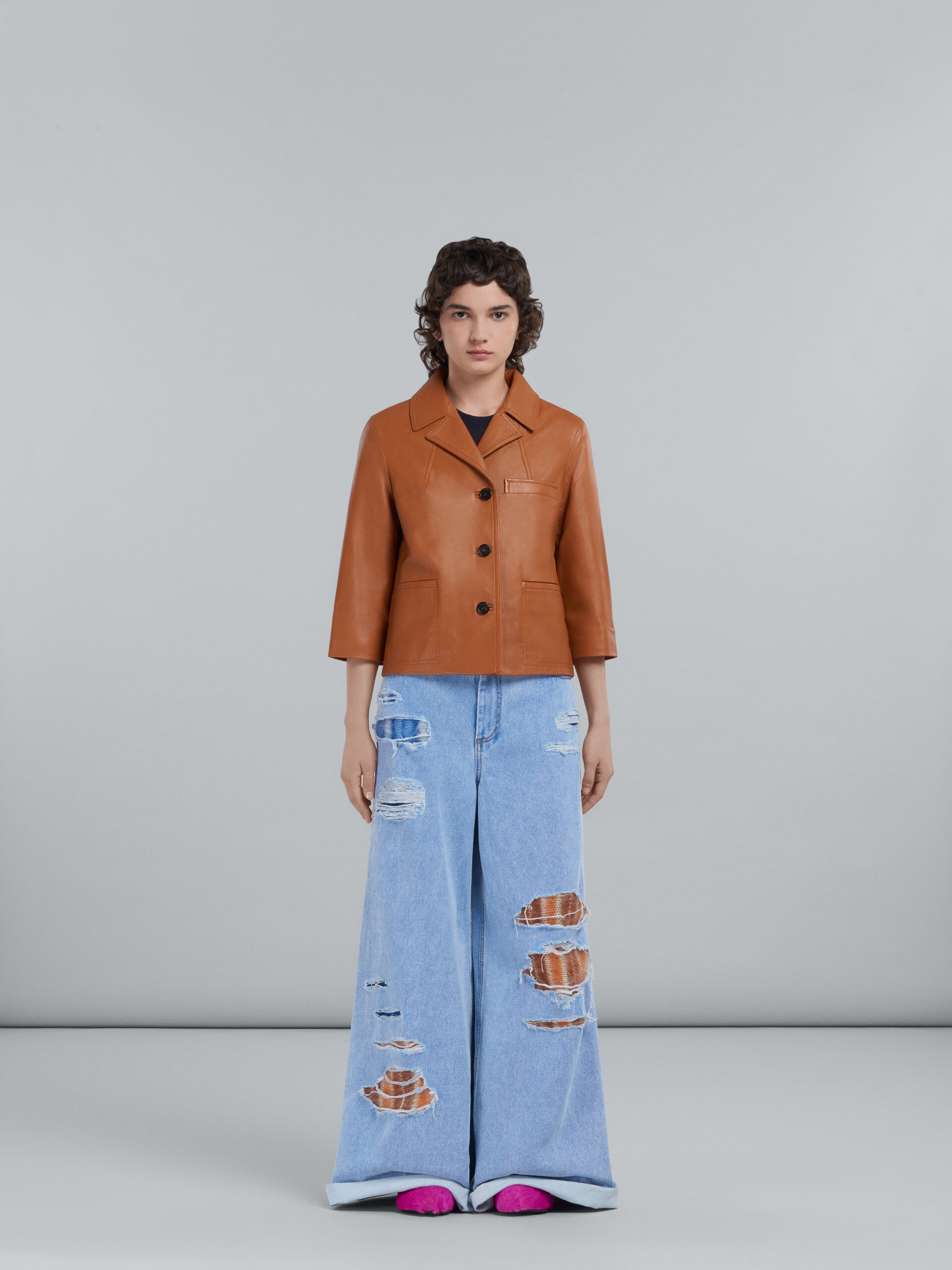 FLARED TROUSERS IN LIGHT BLUE DENIM AND MOHAIR - 2