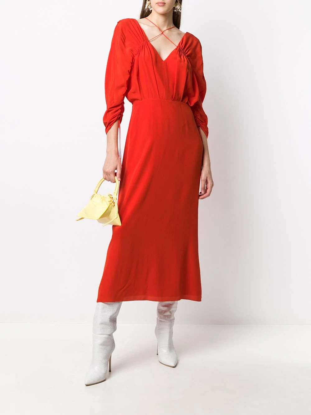 draped-sleeve drawstring midi dress - 2