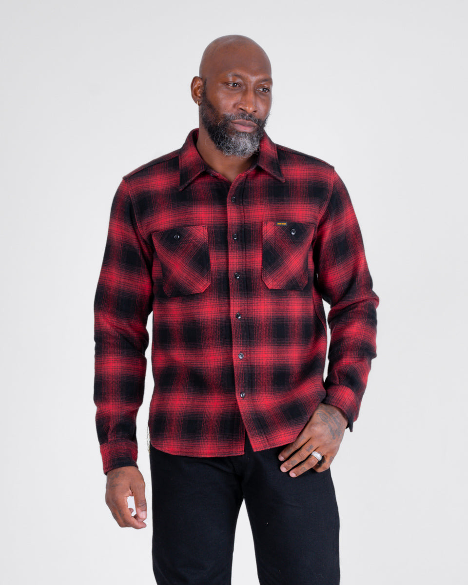 IHSH-265-RED Ultra Heavy Flannel Ombré Check Work Shirt - Red/Black - 2