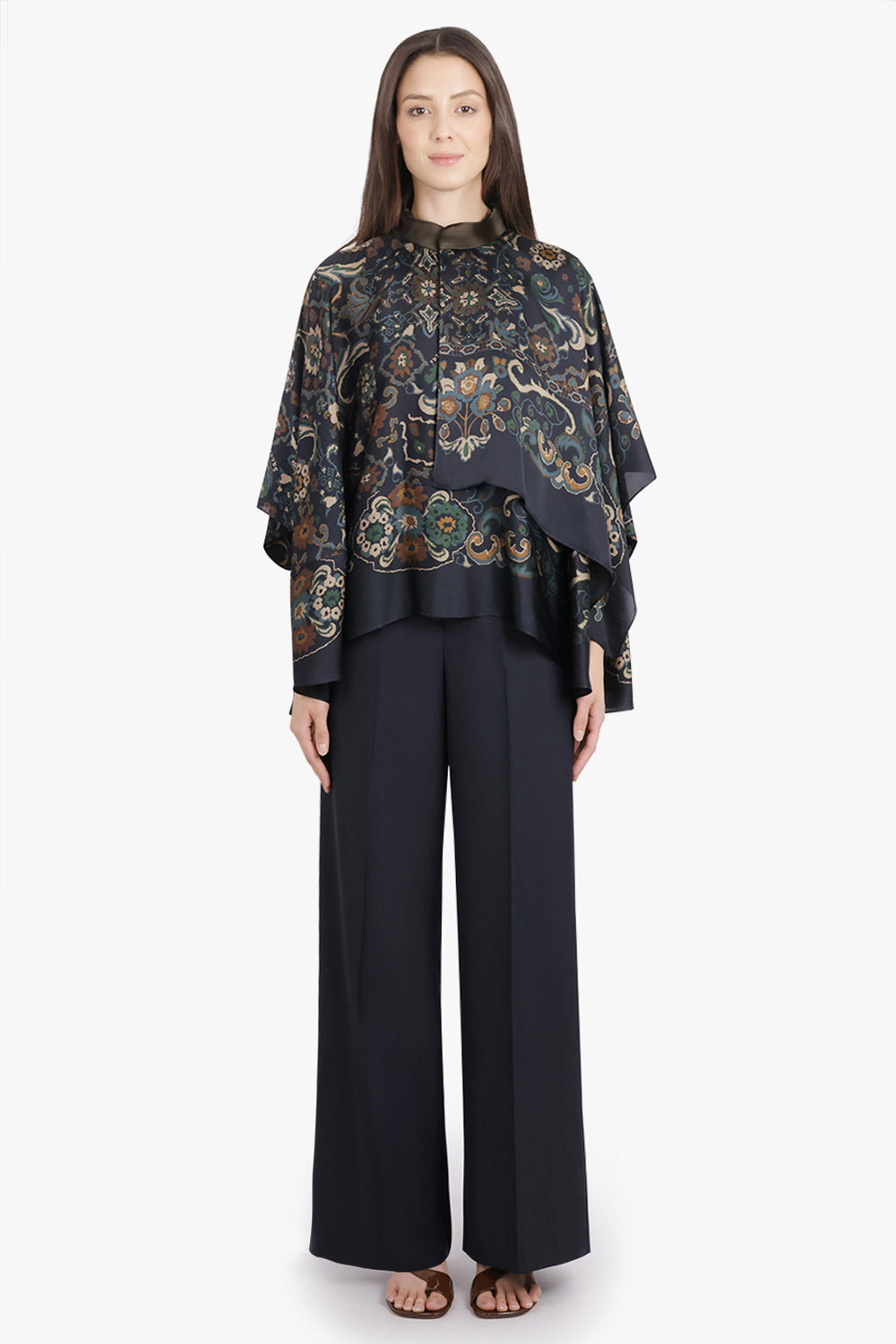 SCARF S/S FLORAL PRINT HIGH NECK DRAPE BLOUSE | NAVY/MULTI - 4