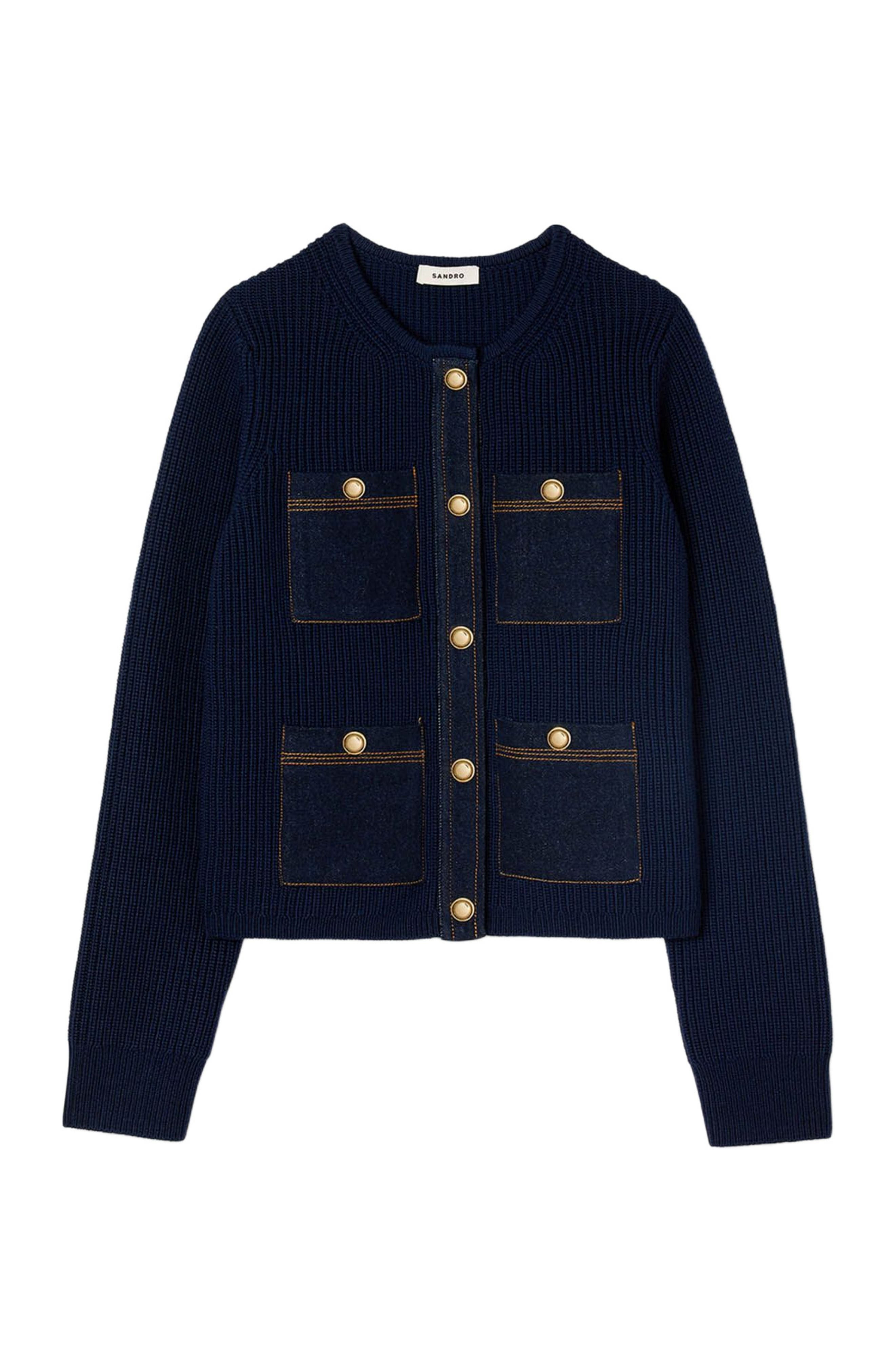 SANDRO Cardigan with denim details in Navy Blue at Nordstrom - 5