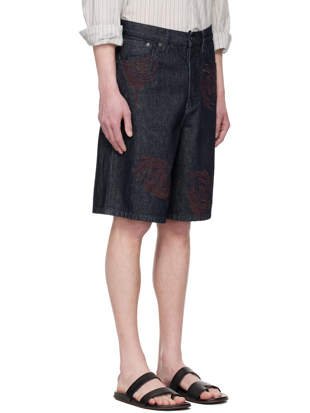 Navy Embroidered Pattern Denim Shorts - 2