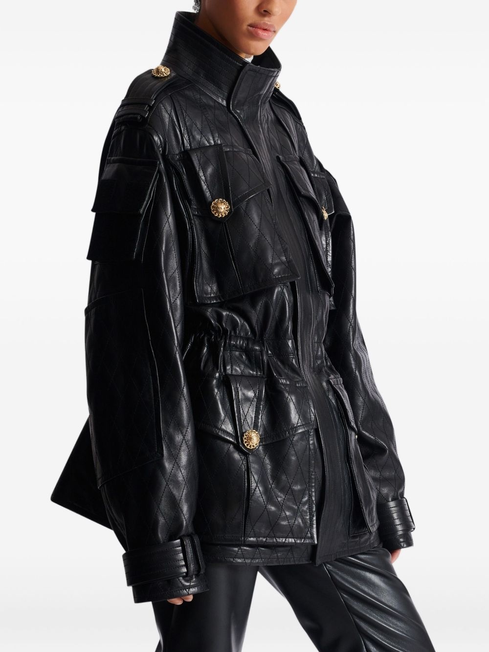 diamond-stitched leather parka coat - 5