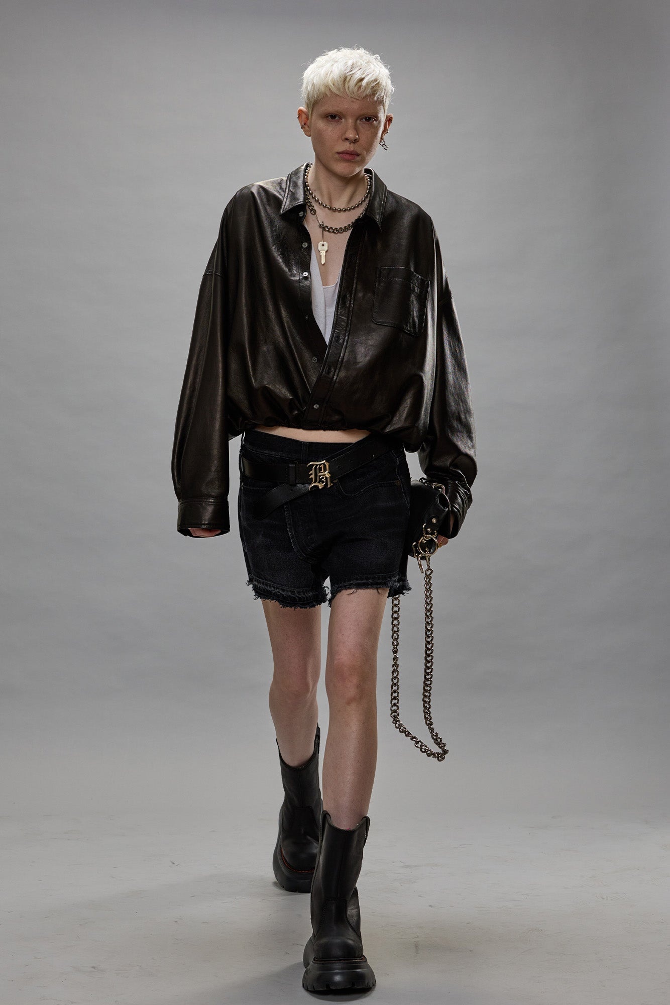CROSSOVER LEATHER BUBBLE SHIRT - BLACK - 2