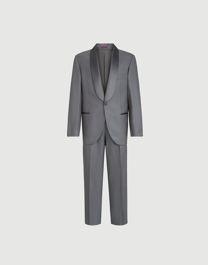 Lightweight virgin wool and silk twill tuxedo with shawl lapel jacket and trousers with pleat 1