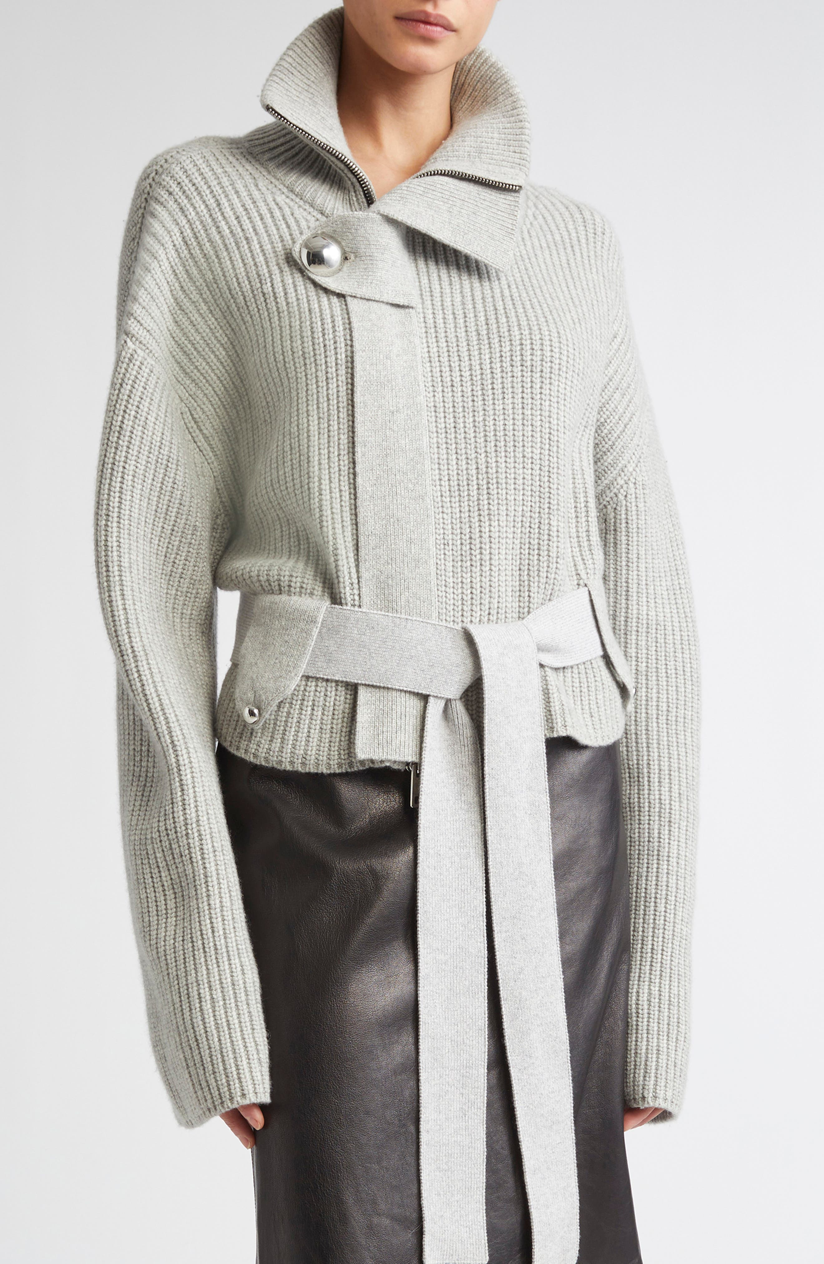 Brandon Maxwell The Neal Full Zip Belted Cardigan in Foggy at Nordstrom - 1