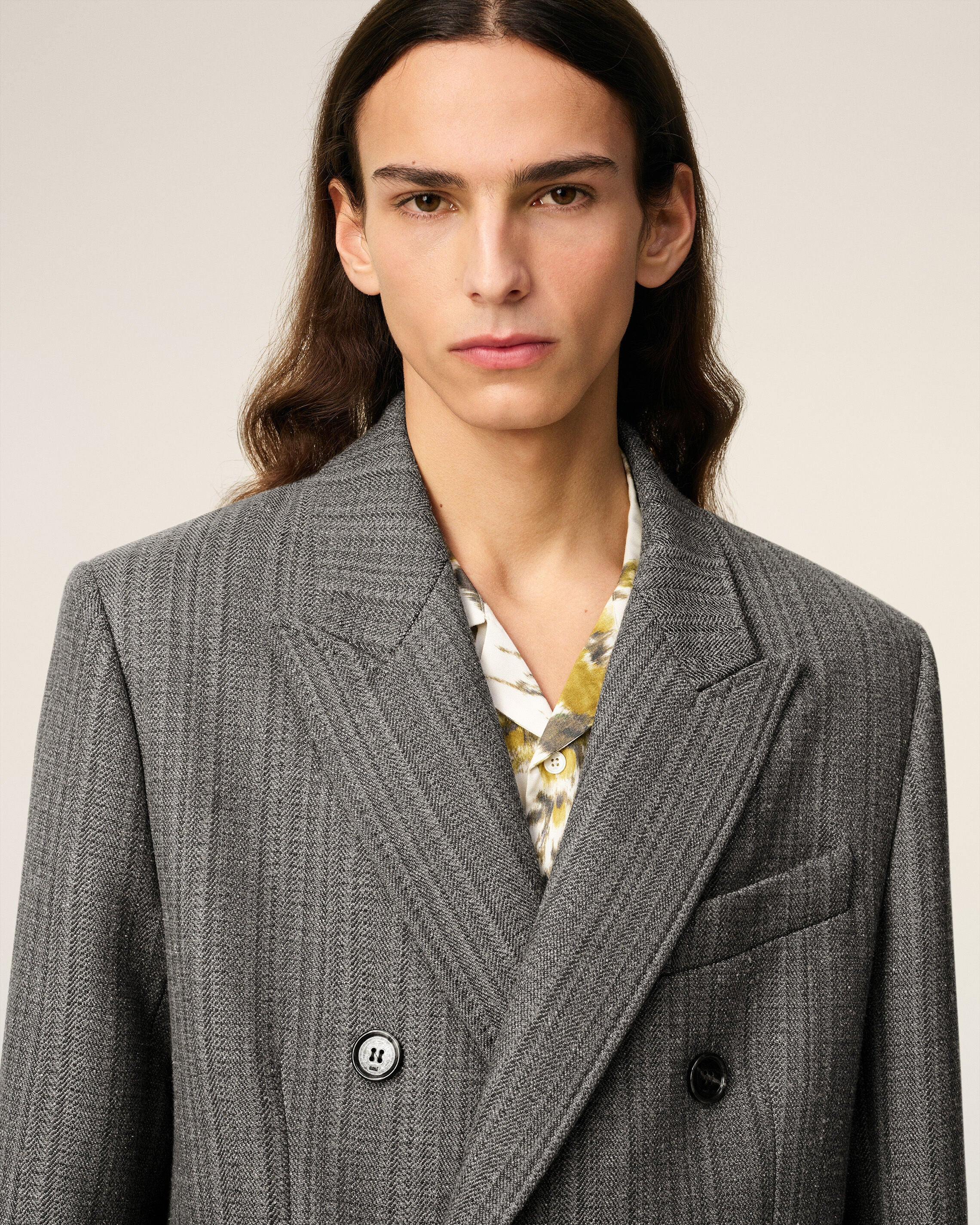 GREY WOOL HERRINGBONE DOUBLE BREASTED COAT - 4