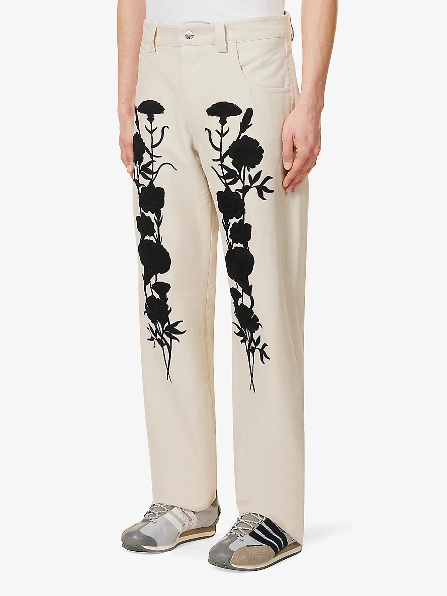 Floral-embroidered relaxed-fit cotton-twill trousers - 3