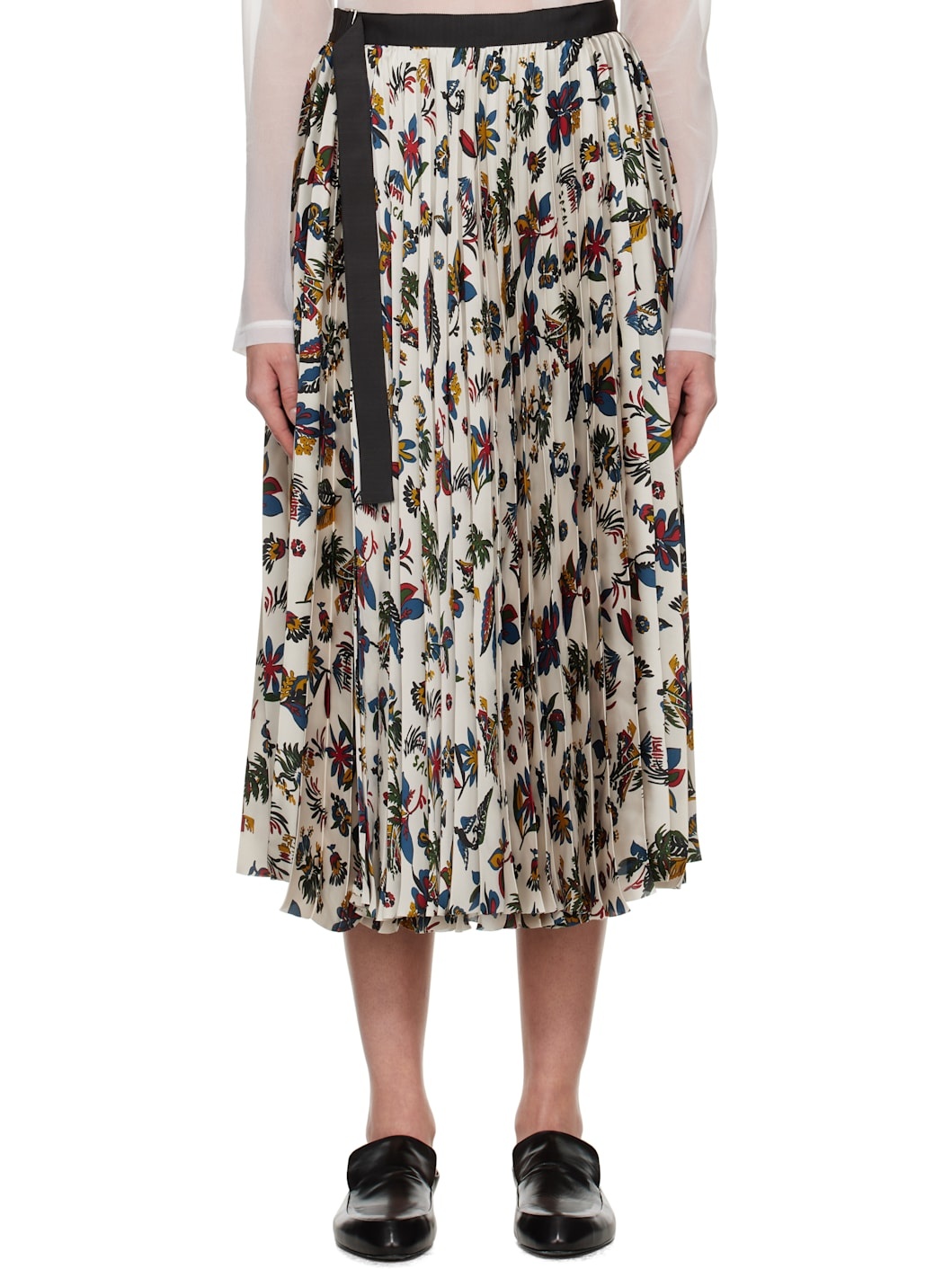 Beige Tropical Print Midi Skirt - 1