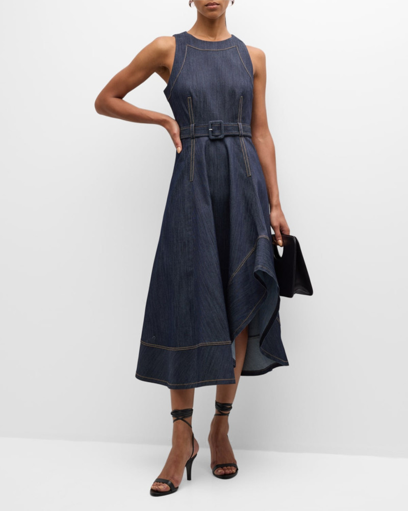 Cinq à Sept Zelda Belted Asymmetric Sleeveless Denim Midi Dress outlook