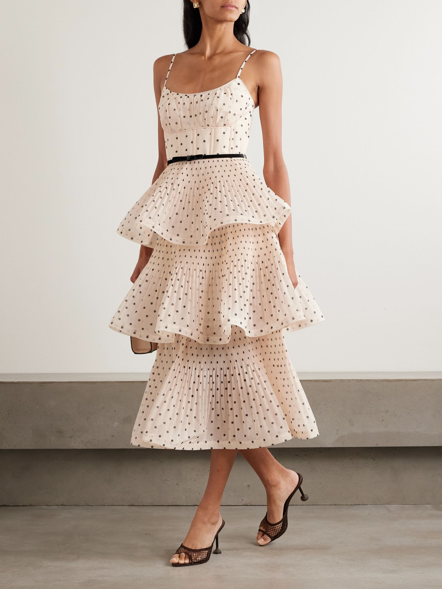 Pleated tiered polka-dot organza midi dress Cream - 2