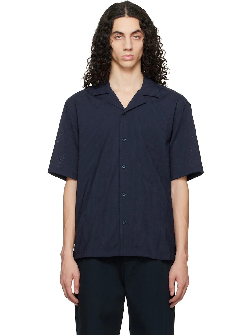 Navy Relaxed-Fit Wool-Blend Mesh Shirt - 1