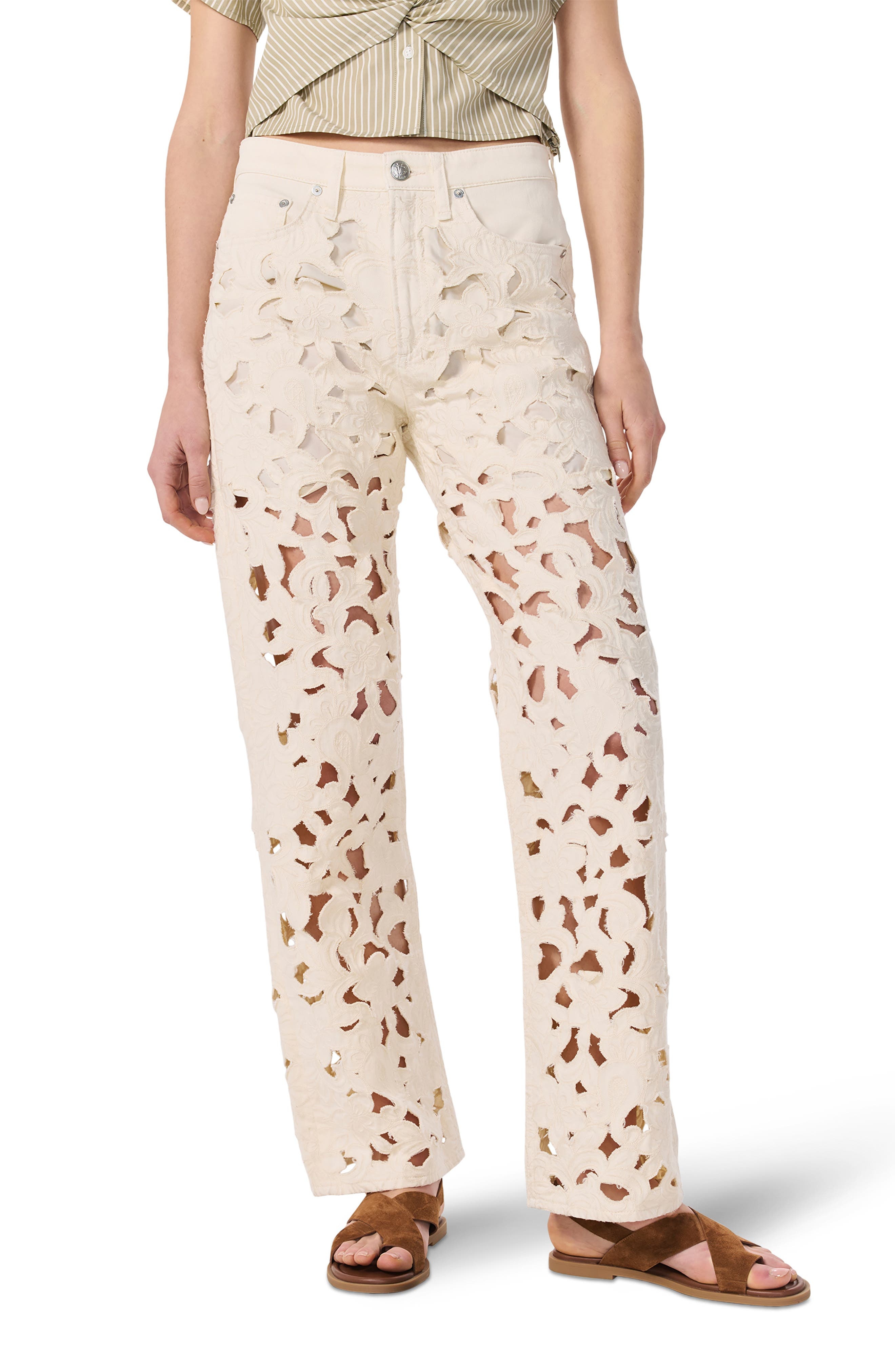 rag & bone Logan Floral Cutout Mid Rise Wide Leg Jeans in Ecru at Nordstrom - 1
