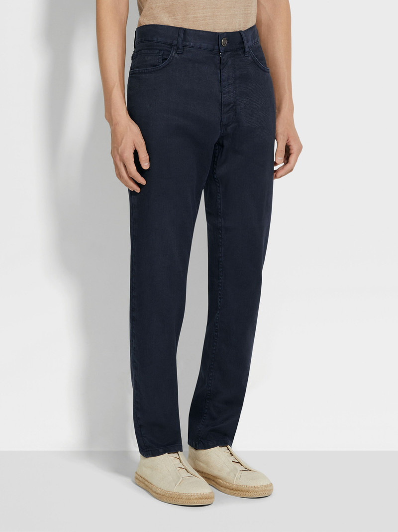 NAVY BLUE STRETCH COTTON AND LINEN ROCCIA JEANS 4