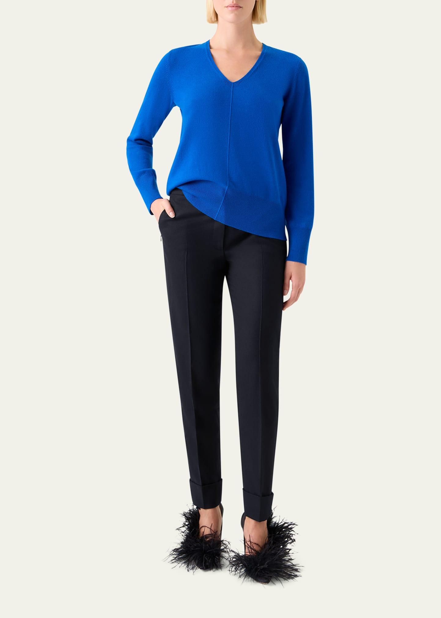 V-Neck Pure Cashmere Knit Sweater - 2