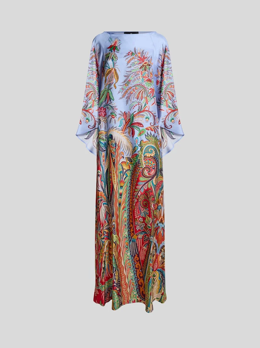 LONG TWILL DRESS WITH PLACED PAISLEY FOLIAGE PRINT - 1