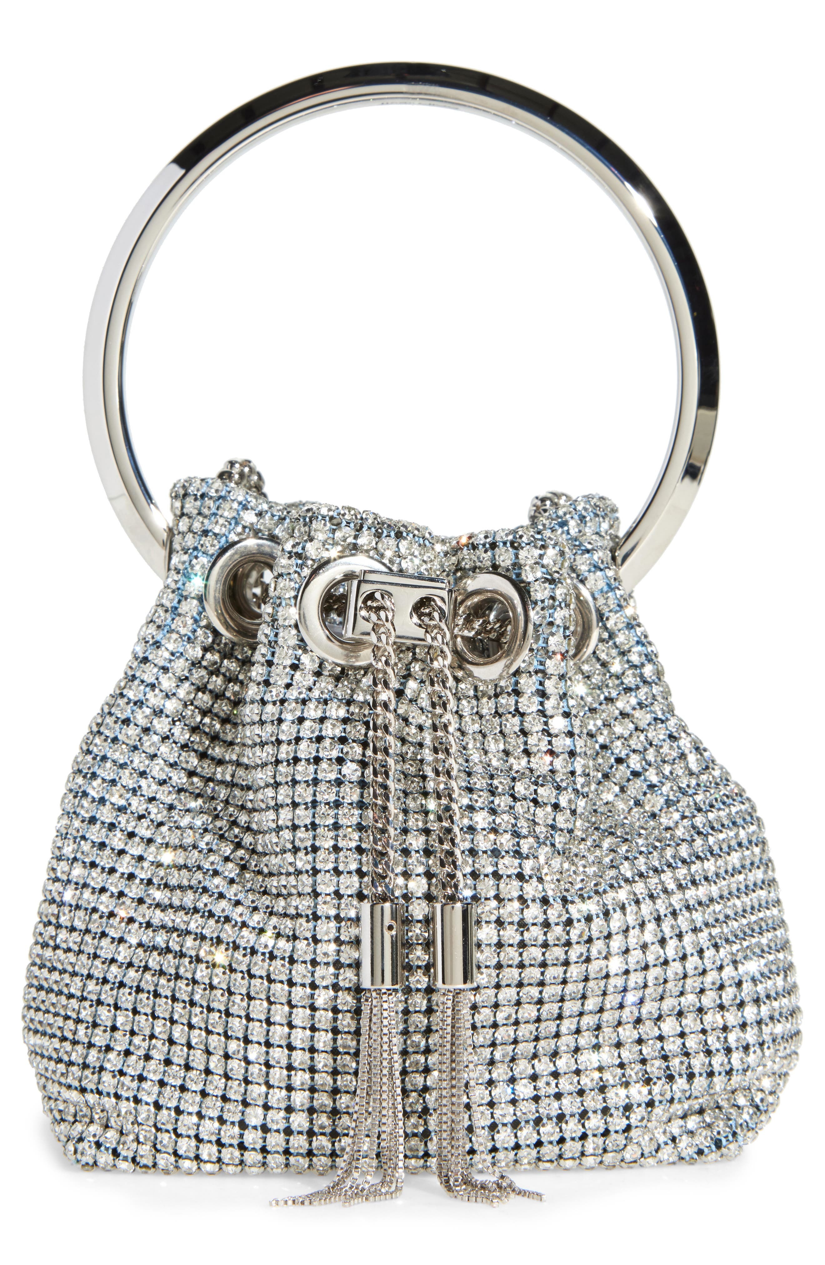 Jimmy Choo Micro Bon Bon Crystal Mesh Drawstring Top Handle Pouch in Silver at Nordstrom - 1