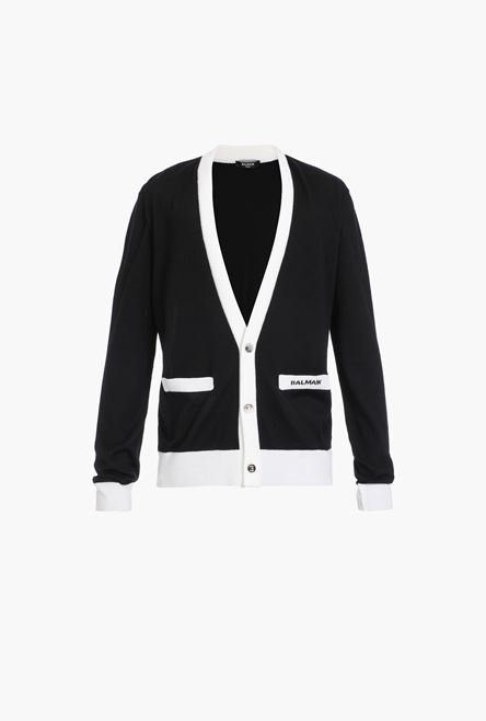Black and white wool cardigan with small embroidered black Balmain logo - 1