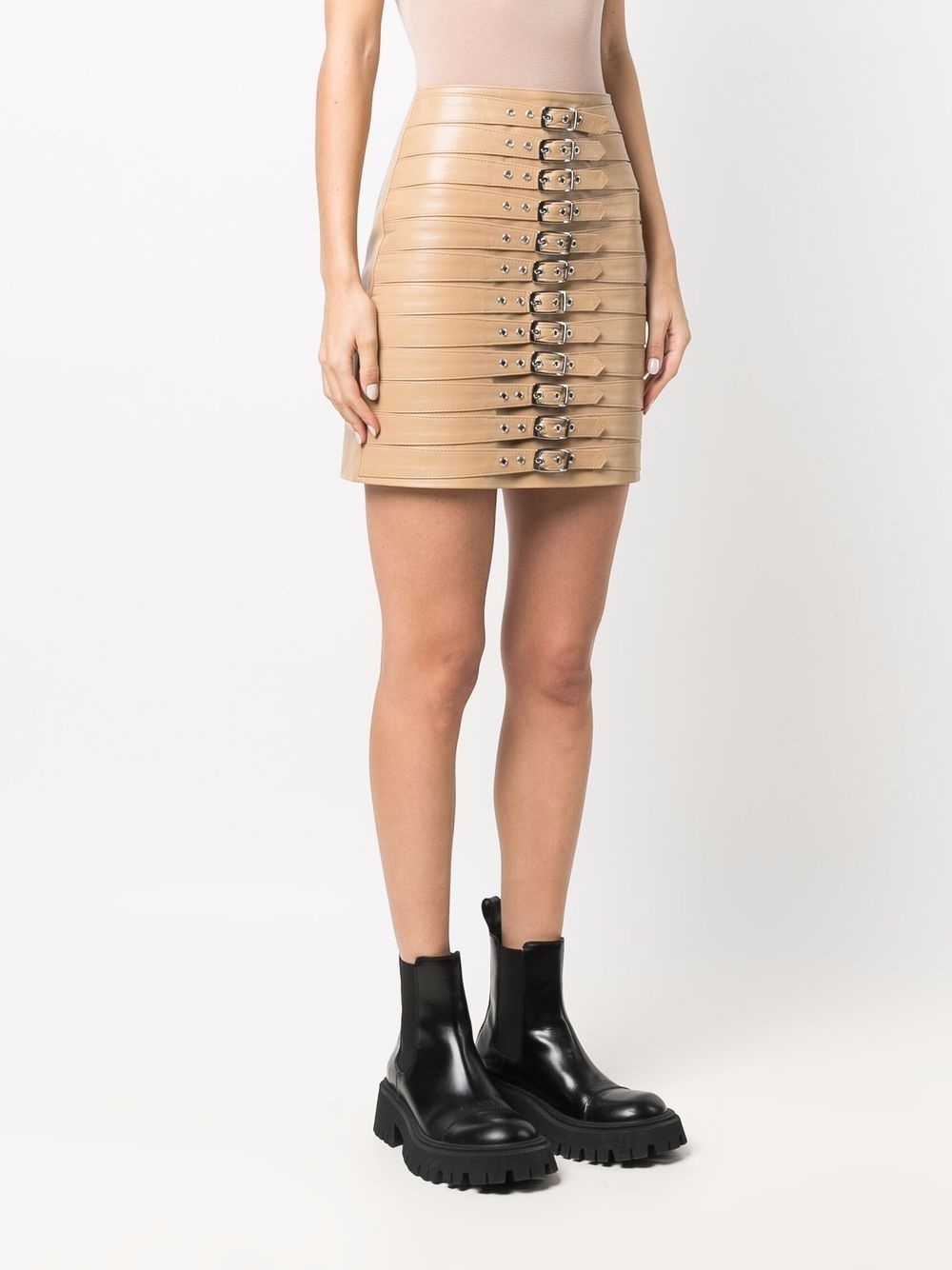high-waisted leather buckle skirt - 3